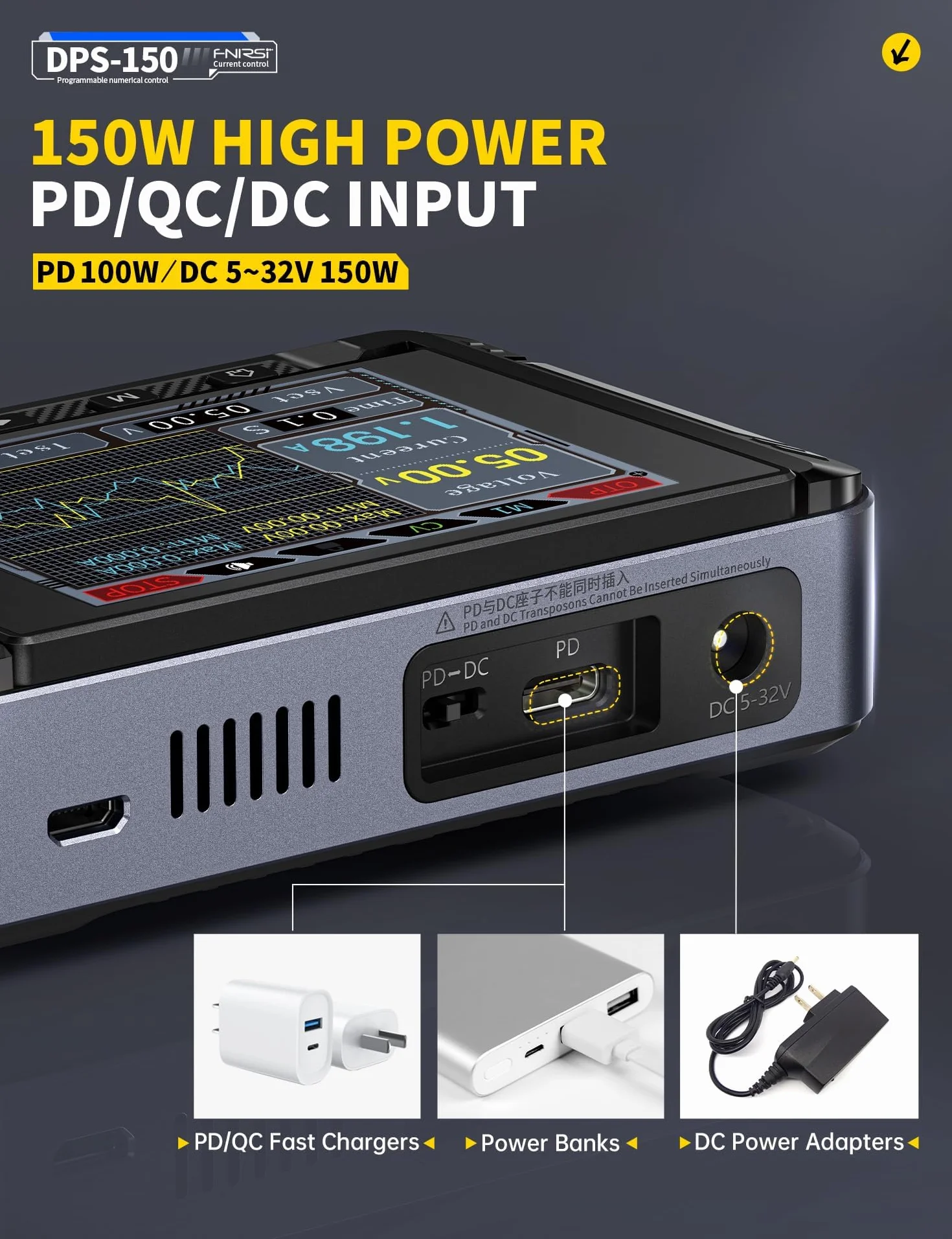 Programowalny zasilacz impulsowy,zmienny zasilacz DC regulacja od 30V 5A z 4-cyfrowym wyświetlaczem IPS fala mocy <20 mV PD/QC/DC programowalny zasilacz impulsowy z komputera