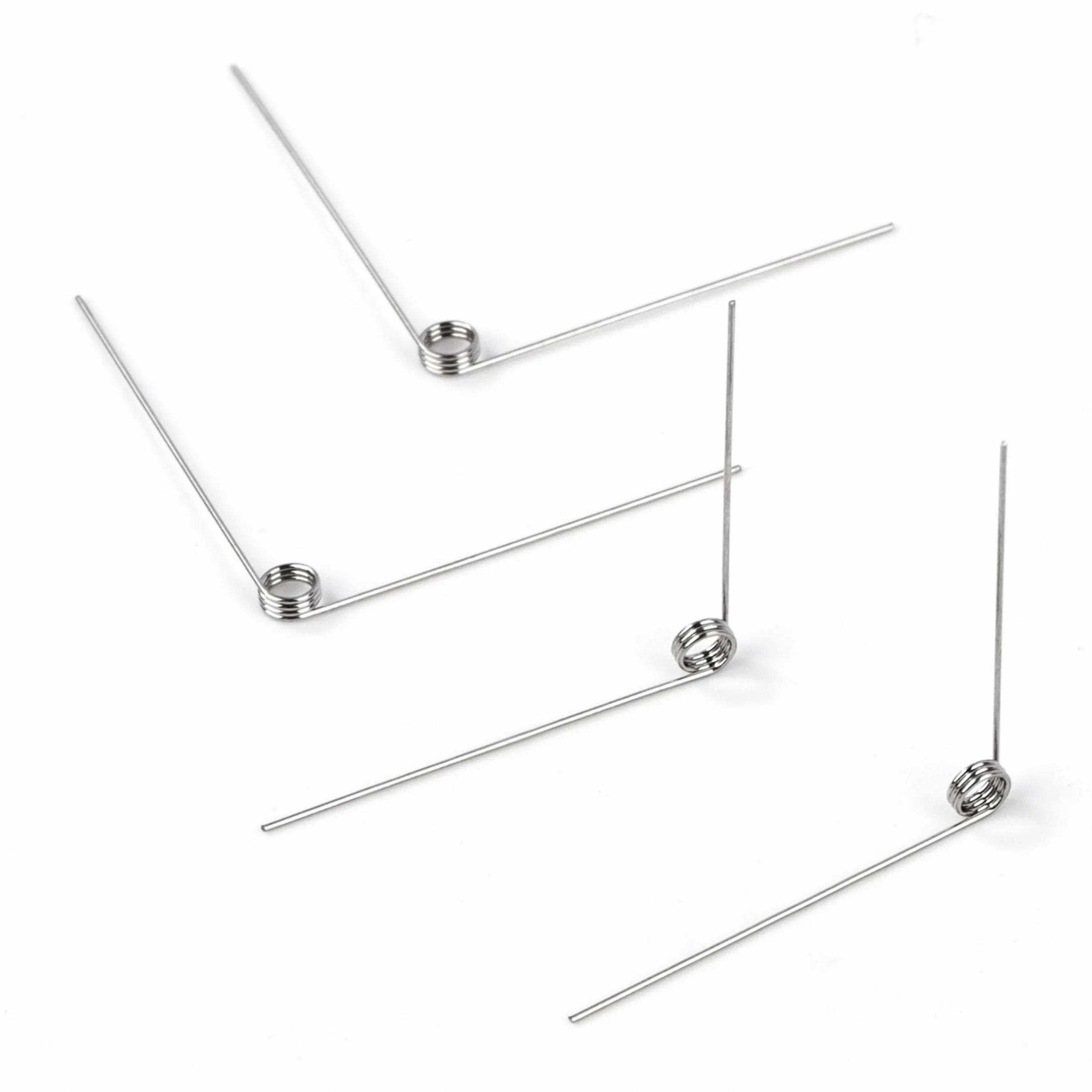 10 szt. sprężyn skrętnych ze stali nierdzewnej średnica drutu 0,3 mm średnica wewnętrzna 2 mm długość ramienia 20 mm kąt 90° 3 obroty lewy 0,3 x 20 mm