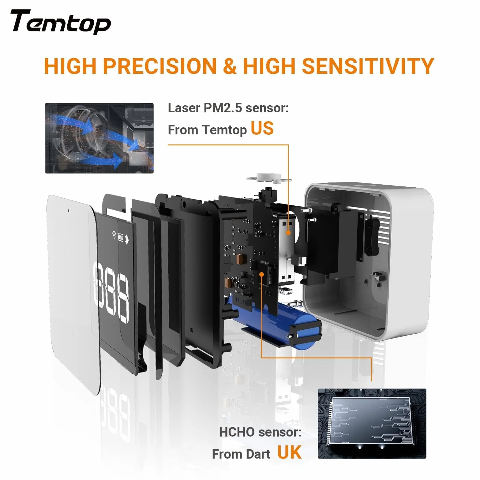 Temtop M10 Monitor Jakości Powietrza do PM2.5/HCHO/TVOC/AQI, przenośny inteligentny monitor, akumulator