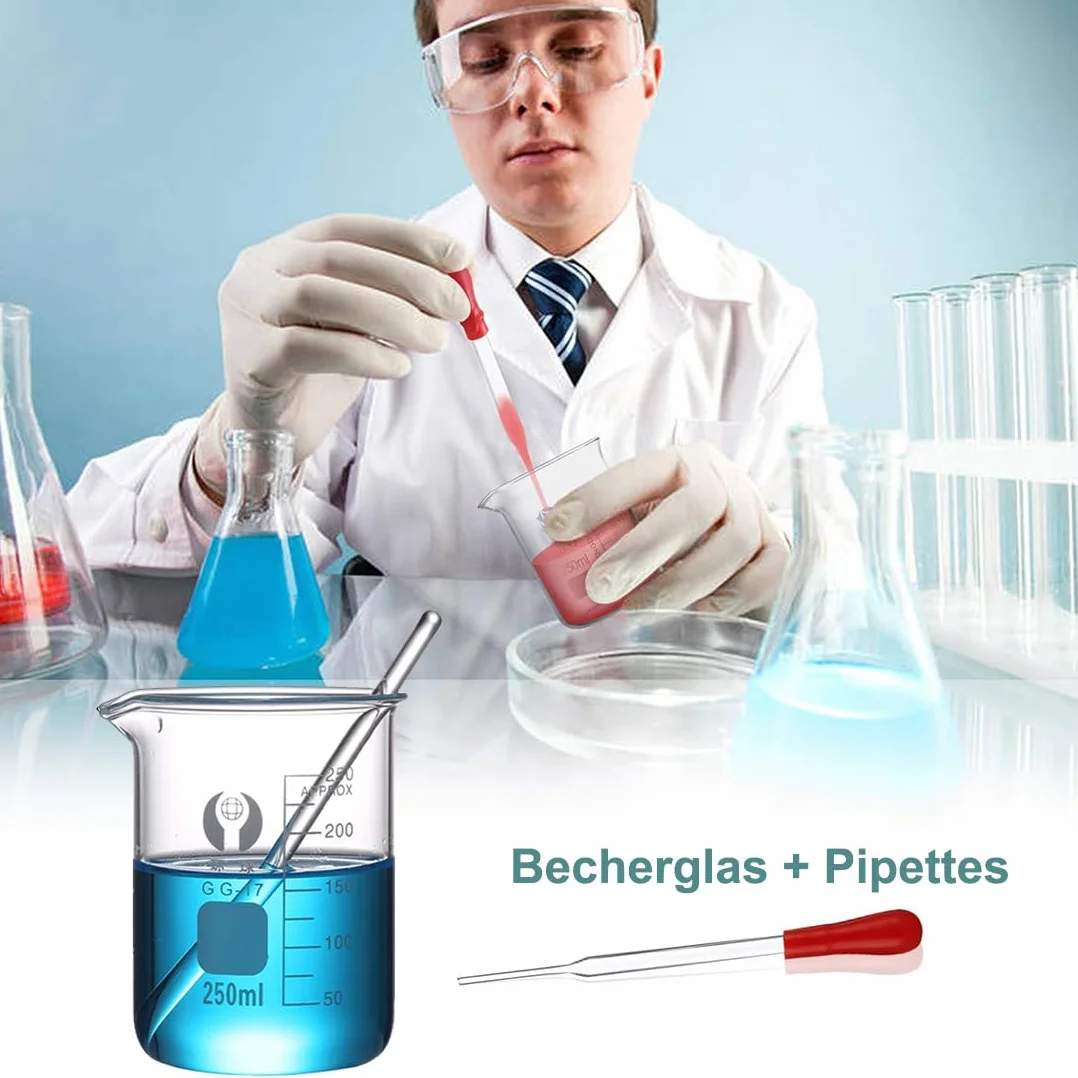 4-stopniowy zestaw zlewek Erlenmeyer, zestaw cylindrów z miarką, 3 szklane cylindry z 3 stożkowymi buteleczkami, z 3 szklanymi pipetami, 2 szklane mieszadła i 2 szczotki do mycia
