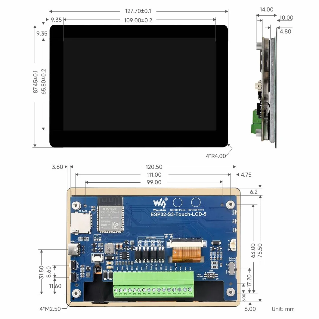 Waveshare ESP32-S3 5inch Capacitive 5Point Touch Display Development Board, 32Bit LX7 2-Core Processor 240MHz Support WiFi Onboard Antenna 800x480 160° Suitable for ESPHome/Home Assistant Project
