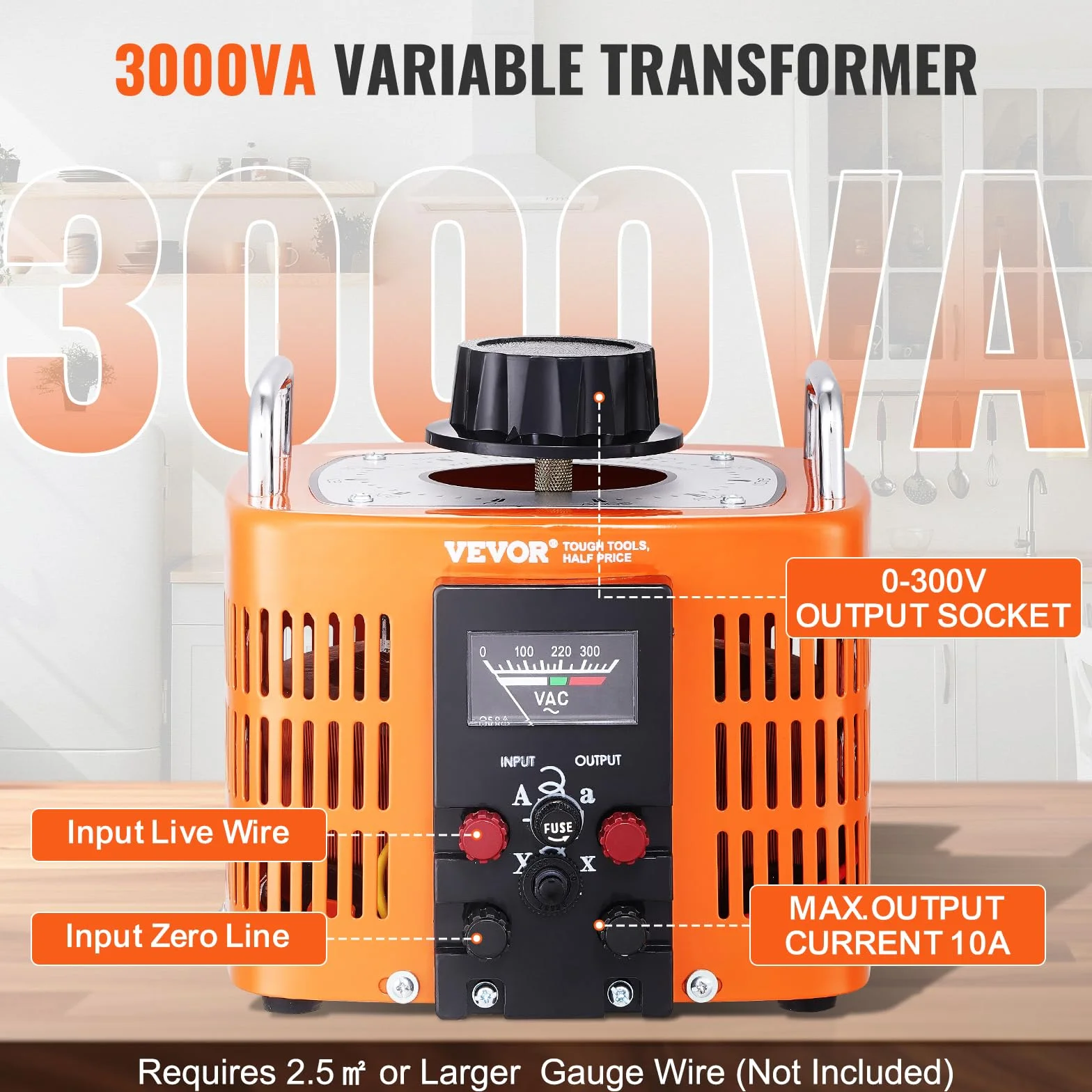 VEVOR Automatyczny transformator napięcia 3000 VA, 10 A, wejście 230 V, wyjście 0-300 V, regulator napięcia AC, 4 bezpieczniki, termiczny przełącznik sterujący do domu, biura