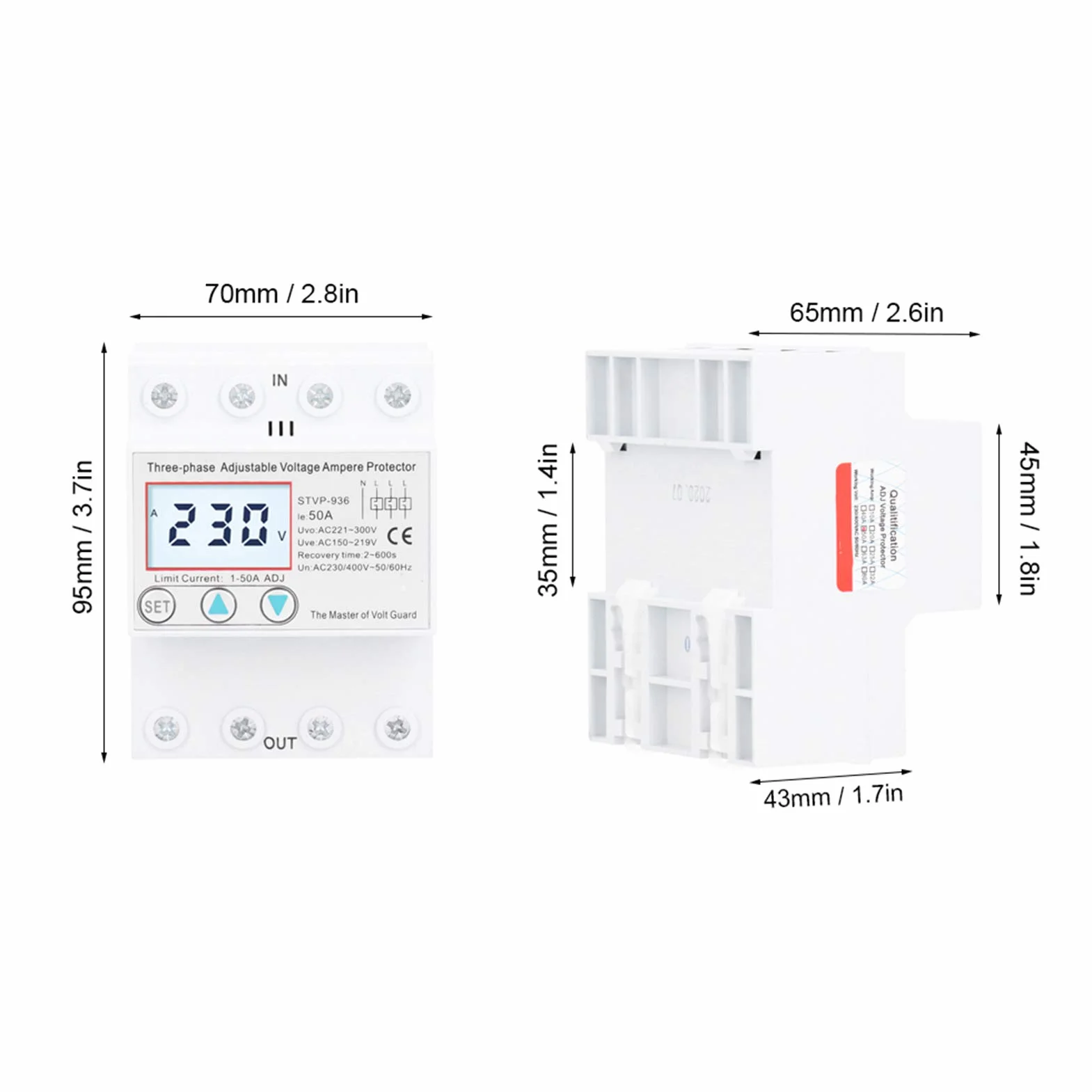 STVP936 Regulowane Zabezpieczenie Napięciowe, Wielofunkcyjny Wyświetlacz LCD, 3-fazowe Samoresetowanie, Przepięcie, Zabezpieczenie Podnapięciowe, Zabezpieczenie Nadprądowe, (50A)
