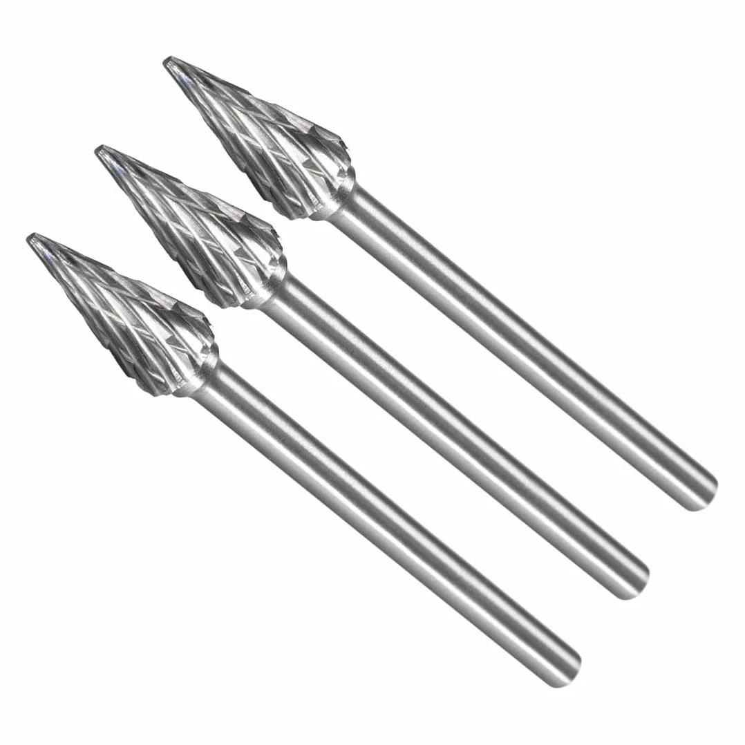 Pilnik obrotowy z węglika wolframu, trzpień 1/8 cala średnica 6 mm, podwójne cięcie szpiczasty stożek narzędzie obrotowe typu M - (Zastosowania: do rzeźbienia w metalu), 3 sztuki