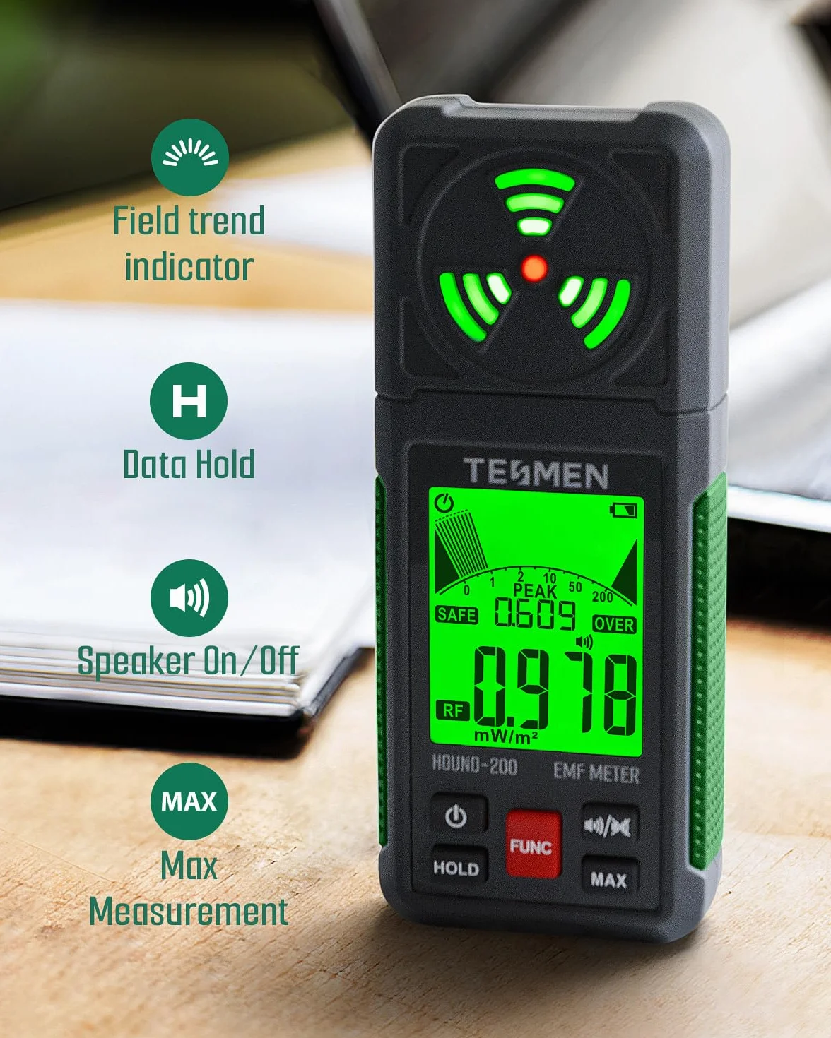 TESMEN Hound-200 Miernik EMF, przenośny czujnik promieniowania pola elektromagnetycznego 3 w 1 do EF RF MF, używany do domowych i zewnętrznych inspekcji EMF oraz polowania na duchy, zielony