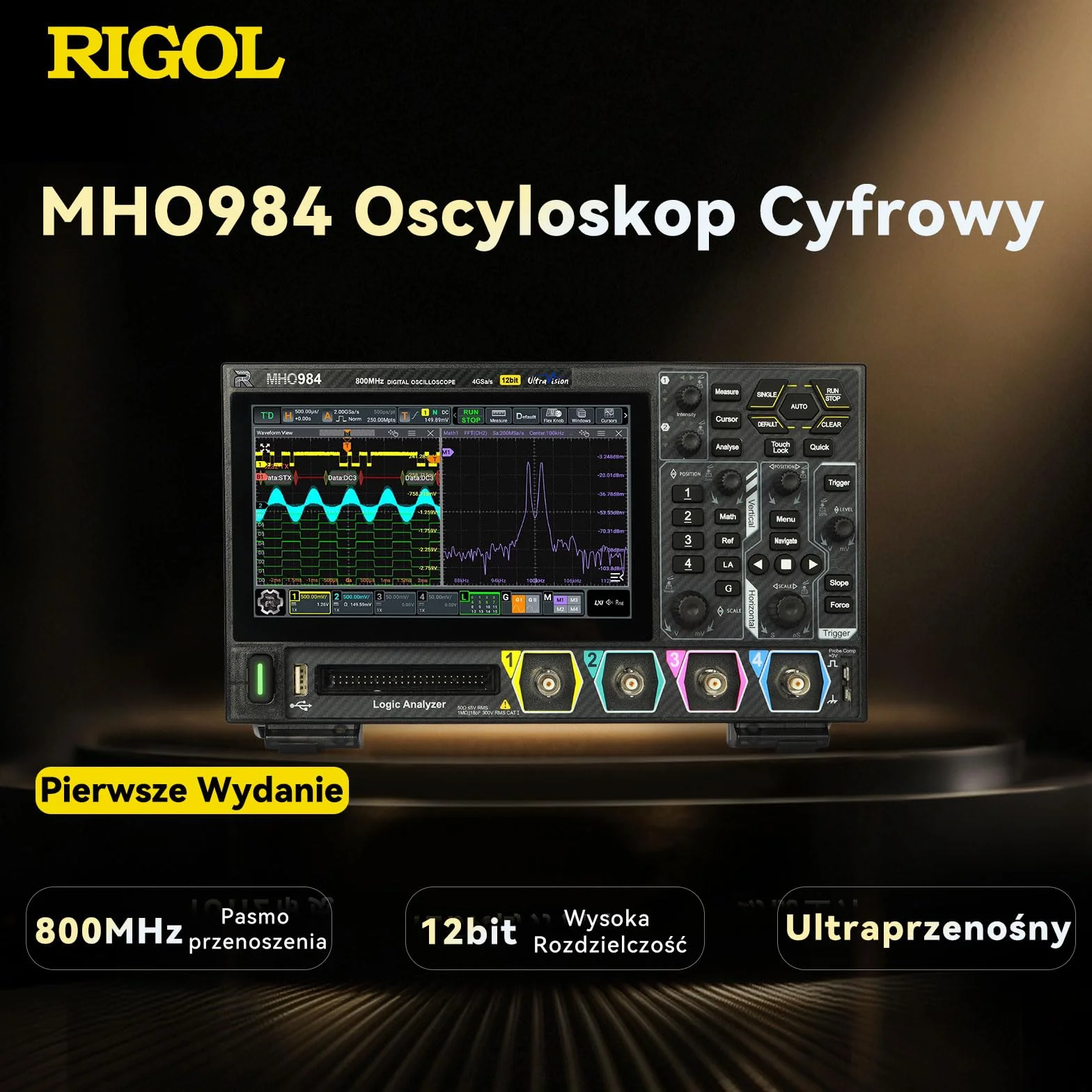 RIGOL MHO984 Oscyloskop Cyfrowy, 800MHz, 4GSa/s, 12-bit, 4+16 Kan, Wi-Fi & Bluetooth, Zasilanie Type-C, Opcjonalny AFG, bez dodatkowych kosztów, Ultra-przenośny