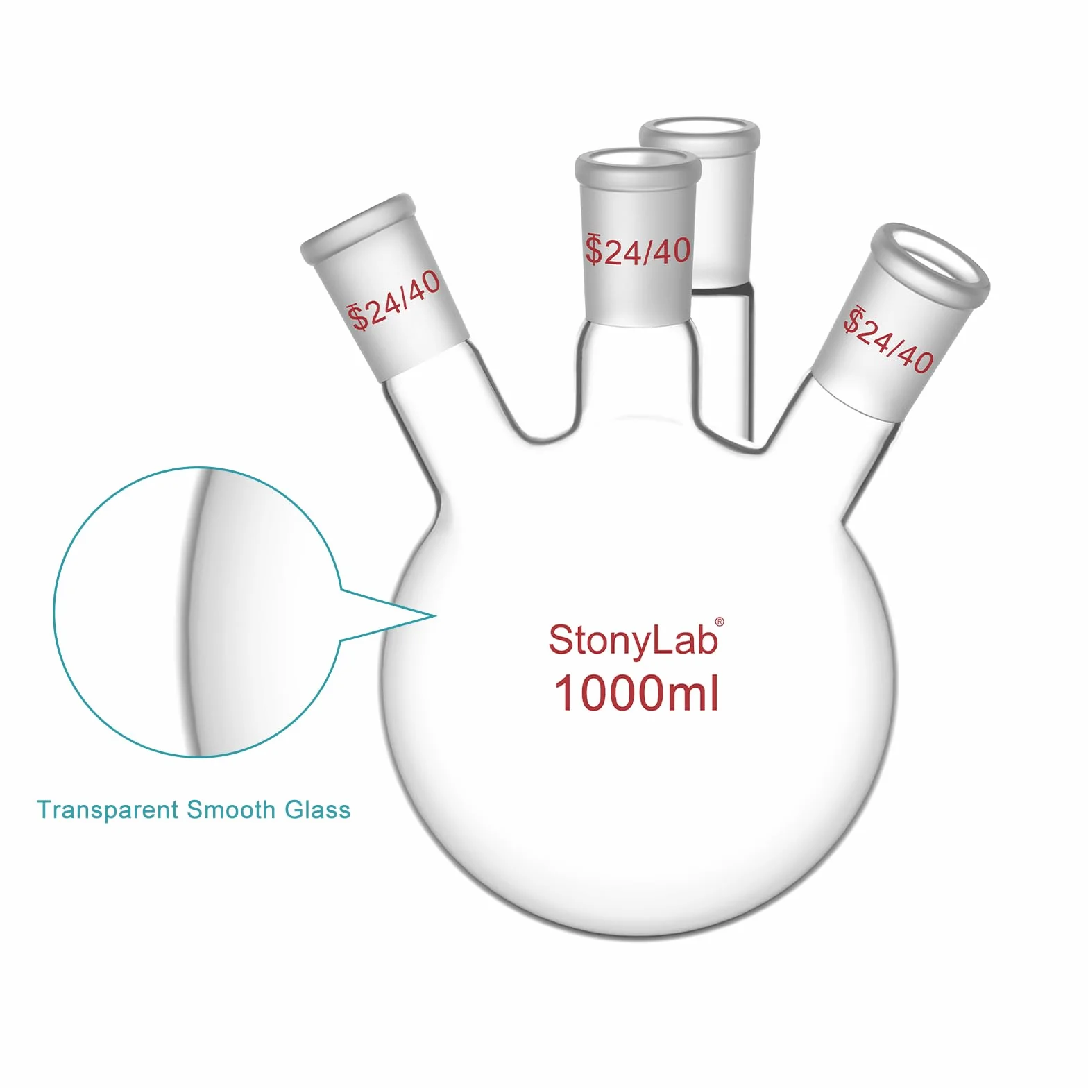 Butelka RBF z 4 szyjkami, okrągła podstawa, ciężka ścianka, szkło borokrzemowe, 1000 ml, standardowy stożek 24/40