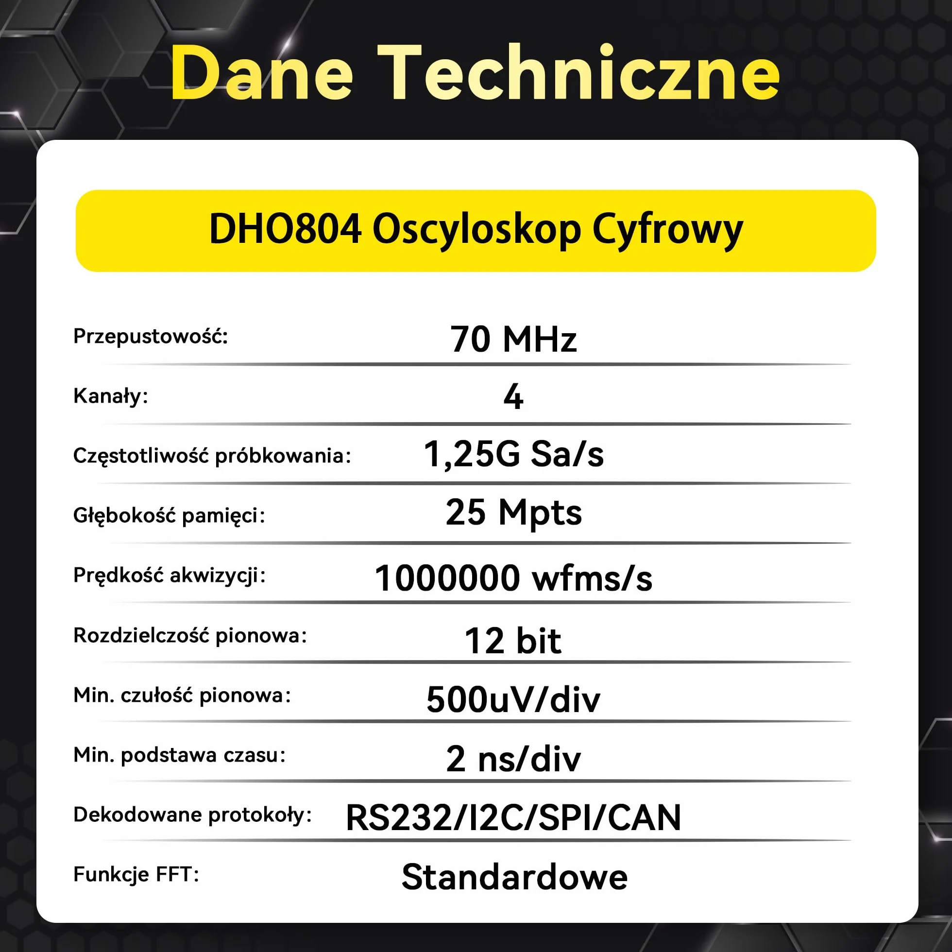 RIGOL Oscyloskop,DHO804 Przenośny Cyfrowy Oscyloskop,pasmo przenoszenia 70 MHz,4 kanały analogowe, Rozdzielczość pionowa 12 bitów,niski poziom szumów,obsługa zasilania przenośnego