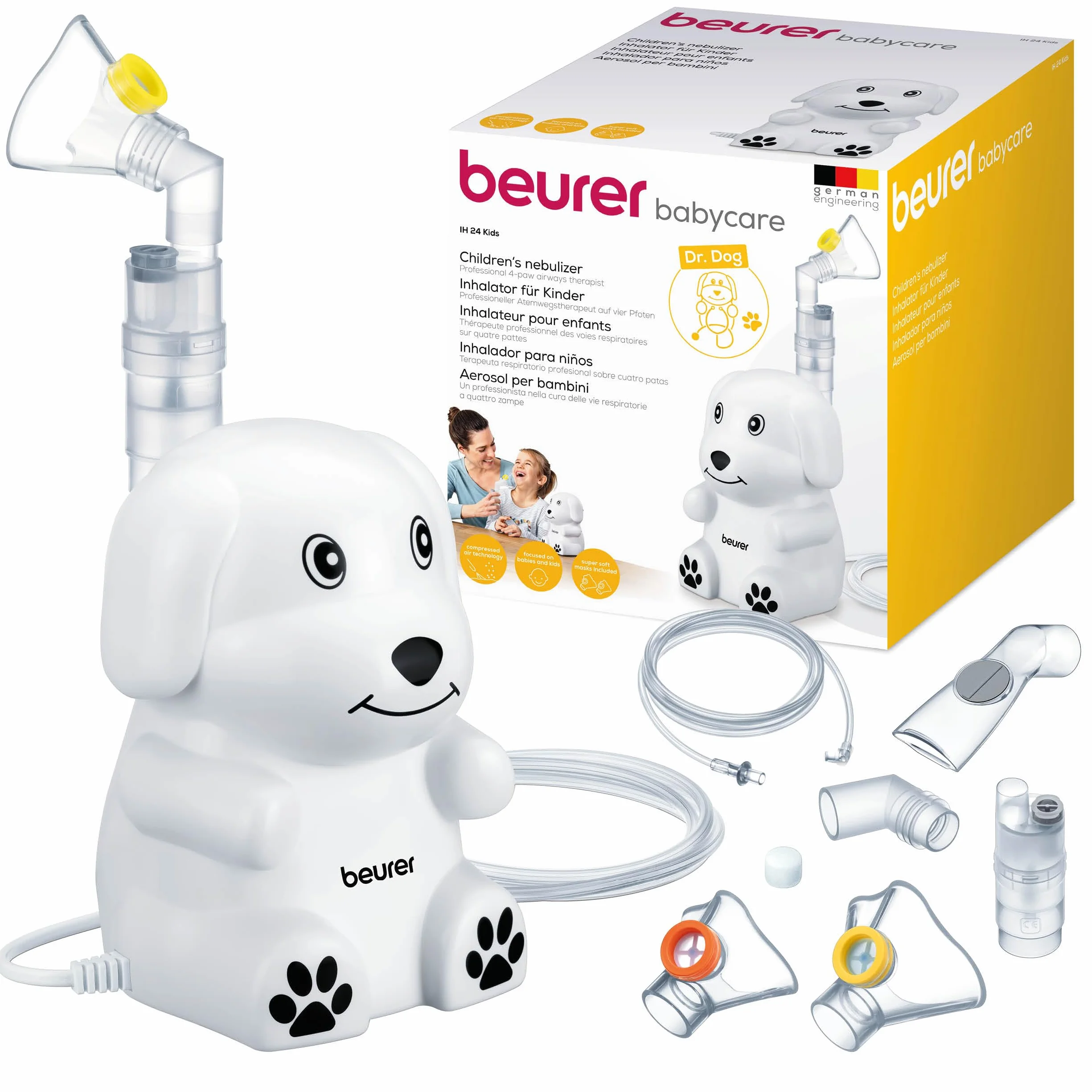 Beurer IH 24 Kids inhalator z przyjazną dla dziecka konstrukcją do nebulizacji płynnych leków, od 6 miesięcy, wysoka wydajność nebulizacji i krótki czas inhalacji, silikonowa maska dla wrażliwej skóry