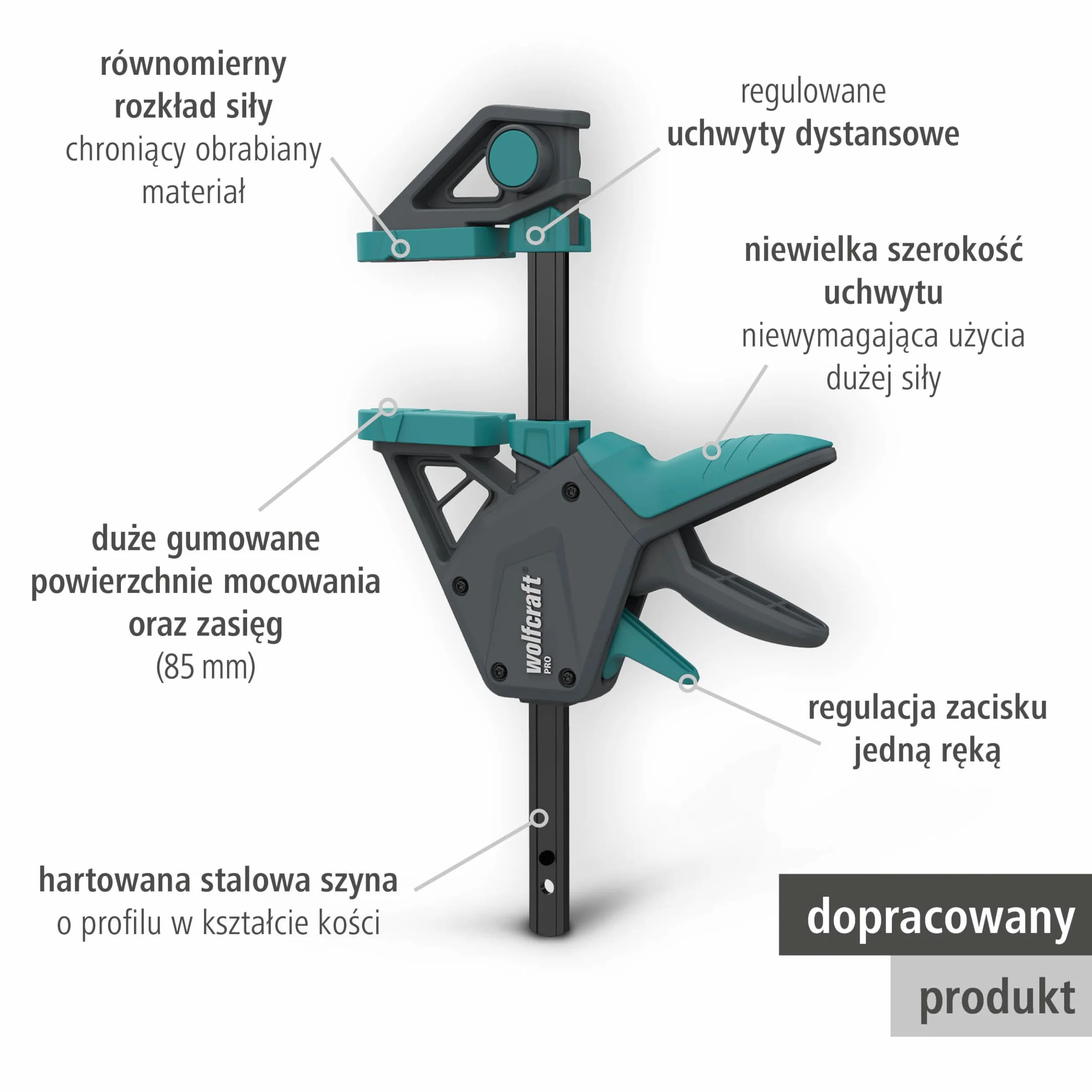 wolfcraft 8673060 - Zestaw zacisków ręcznych XL PRO + złącze - Występ 85 mm - Siła zacisku 150kg - Elastyczny otwór do 1060mm