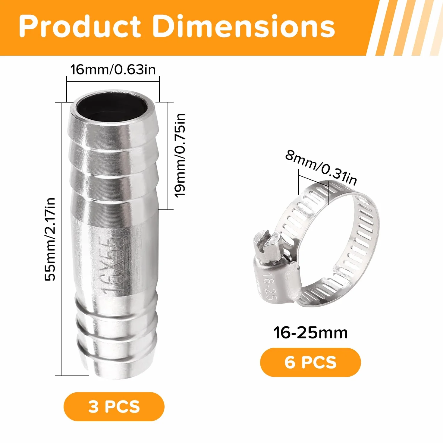 Złączka do Węża ze Stali Nierdzewnej 16mm, Końcówka Prosta z Zaciskami
