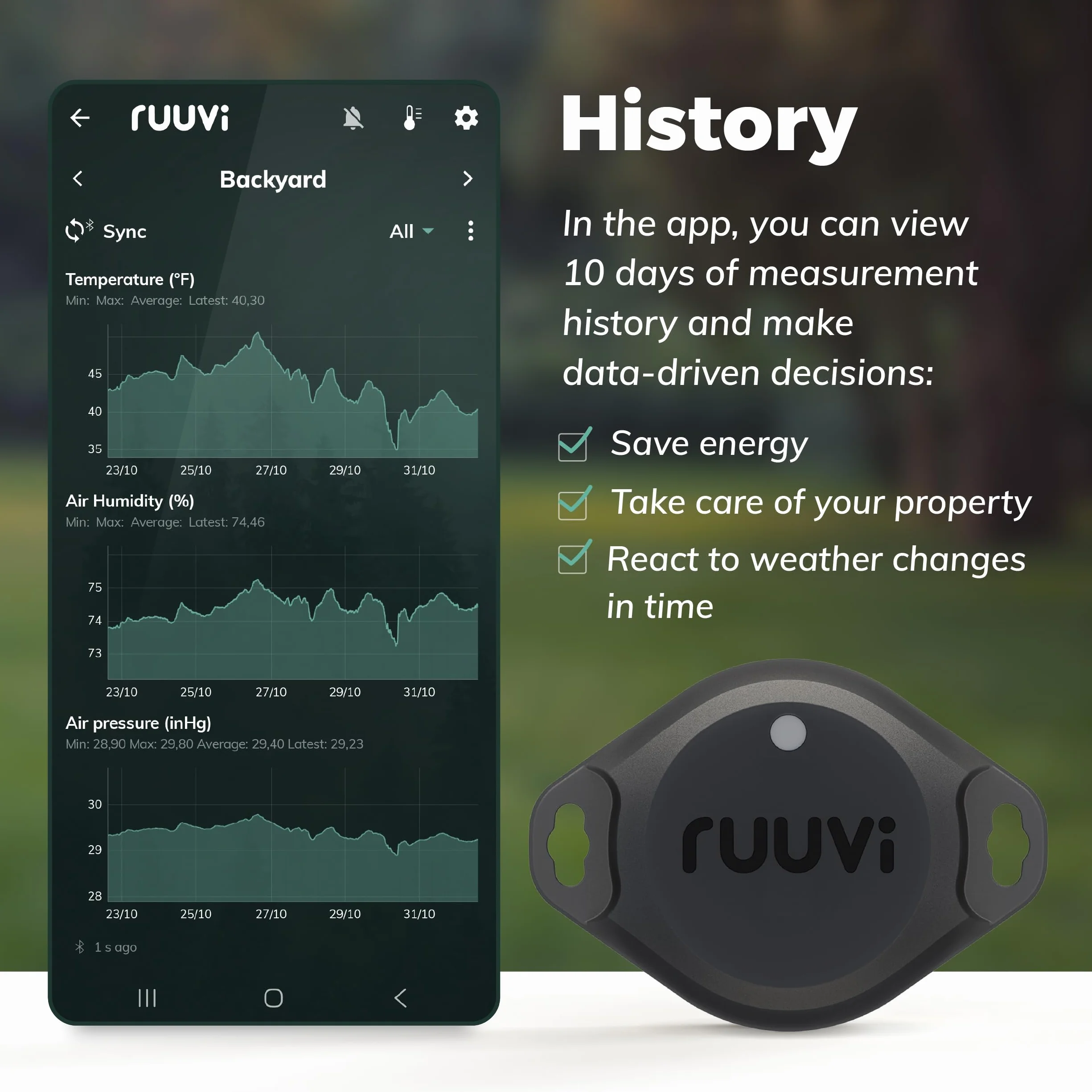 Ruuvi Tag Pro 4w1 bezprzewodowa temperatura Bluetooth (°C/°F), wilgotność powietrza i ciśnienie powietrza. Alerty i historia. Darmowe aplikacje na Android/iOS. Integracja z Victron, Homey i Home