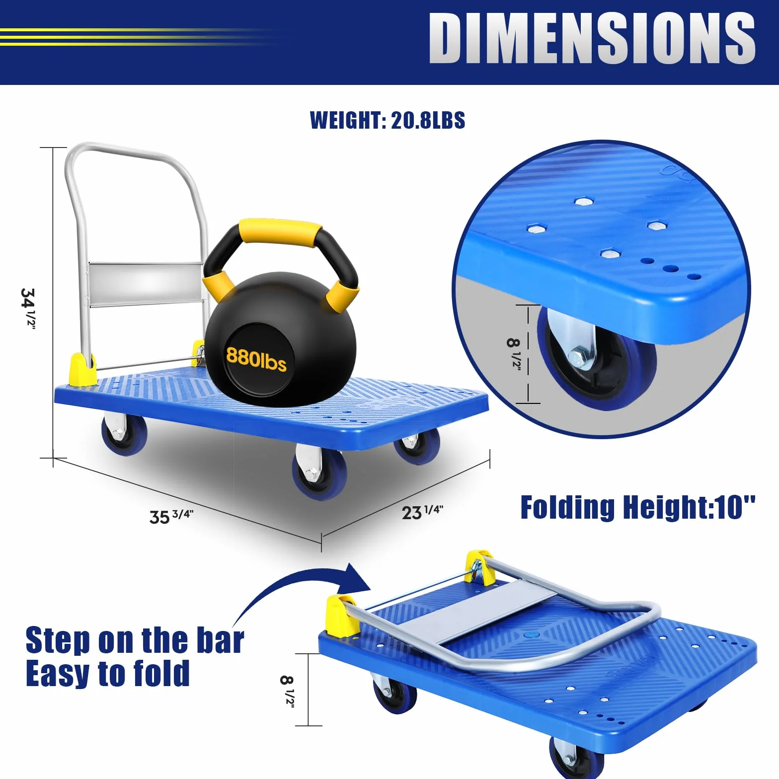 Healsmart Platform Truck with 880lb Weight Capacity and 360 Degree Swivel Wheels, Foldable Push Hand Cart for Loading and Storage, Blue