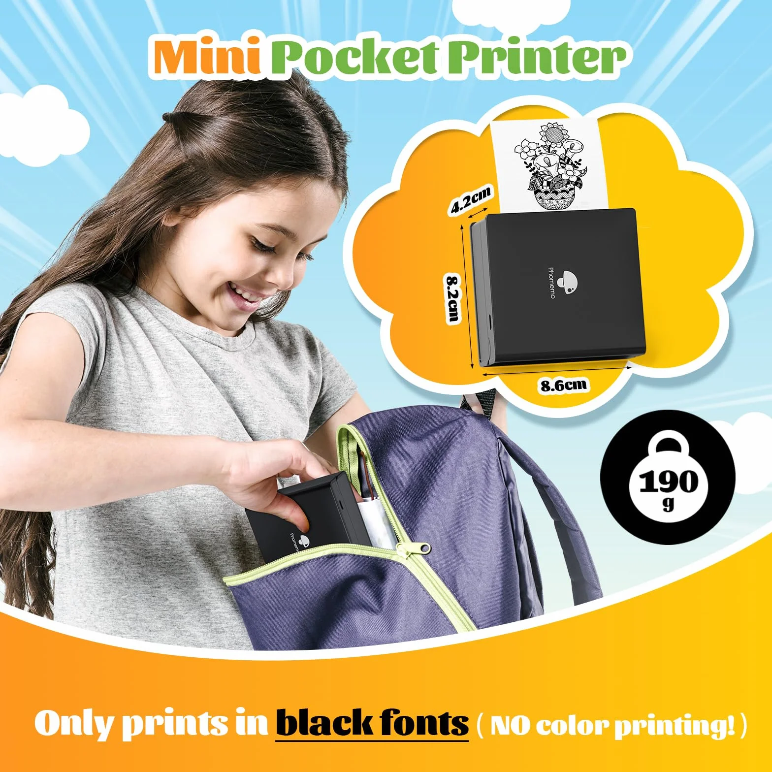 Phomemo M02 Mini drukarka z 1 rolkami etykiet, drukarka kieszonkowa do smartfona, drukarka Bluetooth, drukarka termiczna do nauki, notatek, obrazów, zdjęć, pamiętników