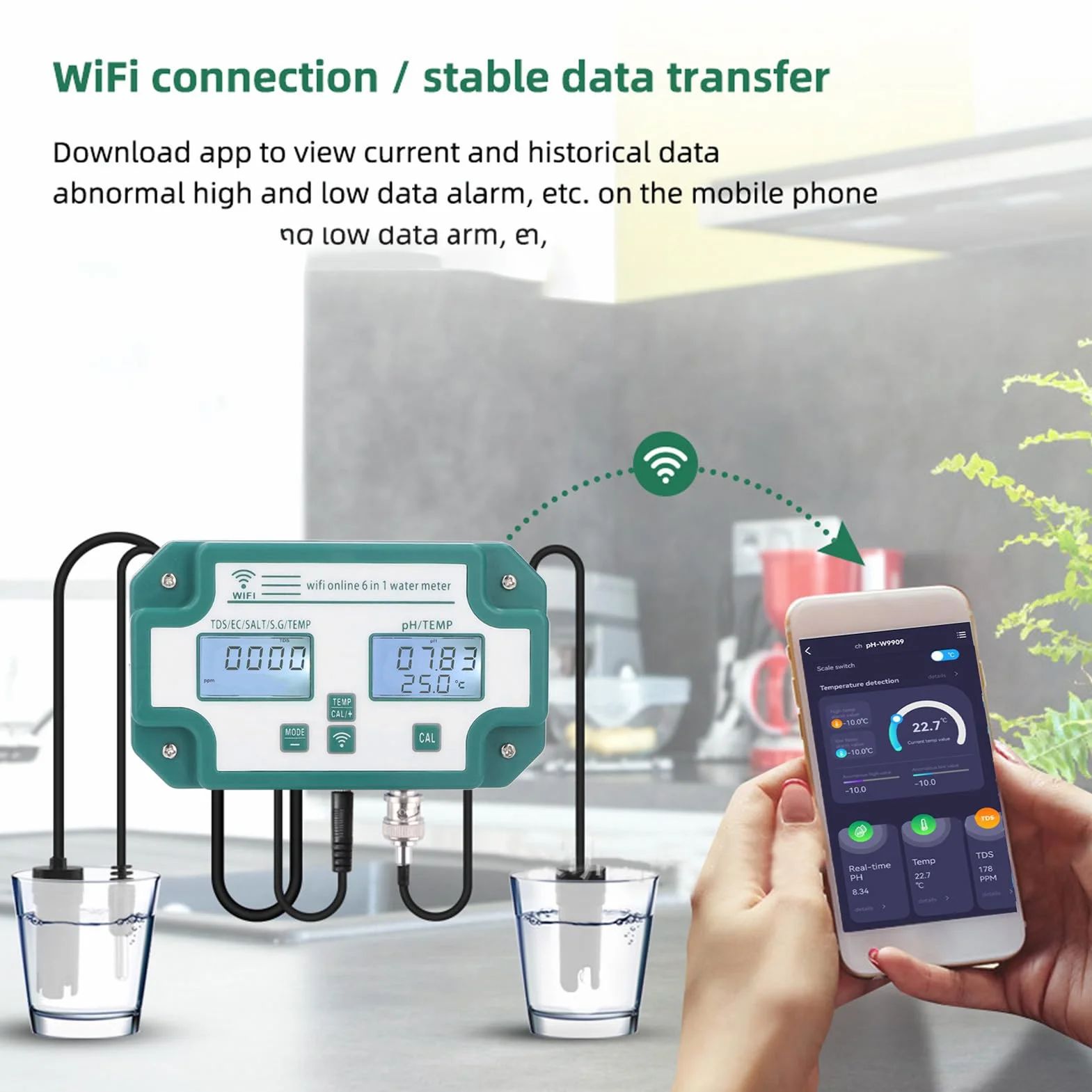 Wielofunkcyjny Miernik Jakości Wody 6 w 1 Połączenie WiFi PH TDS EC SG Tester Temperatury Soli do Akwarium(EU)