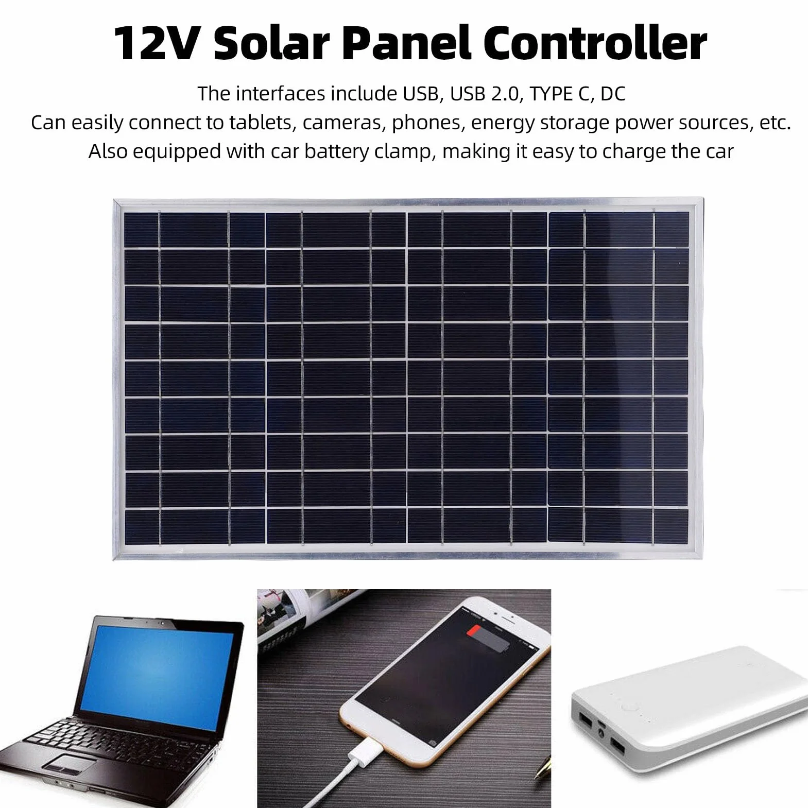 Fockety Zestaw Panel Słonecznych, 100W Monokrystaliczny Panel 12V 10-50A Słoneczny Kontroler z Klipsami Akumulatorowymi do RV, Kampera, światła Zewnętrzne, Karawana, Dom Motocyklowy