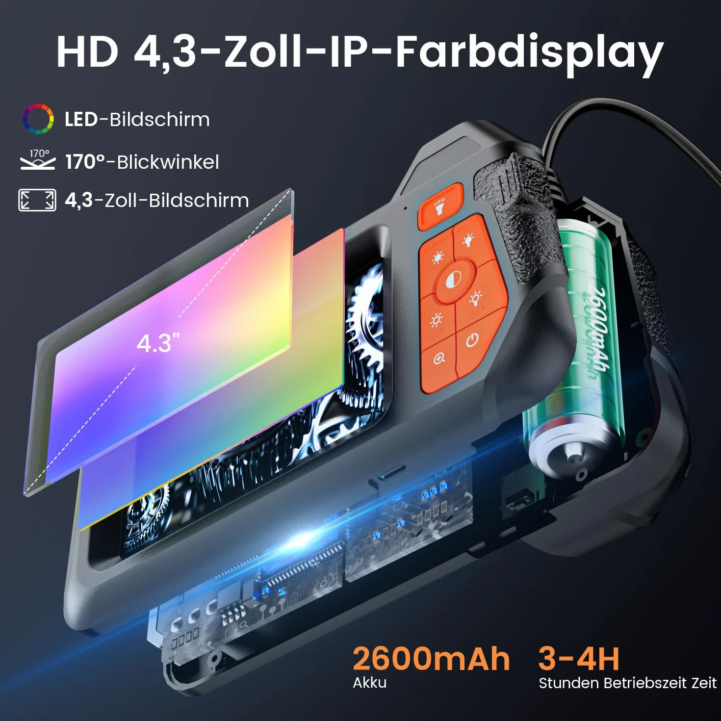 HSSNS Kamera endoskopowa 5 m, warsztatowa kamera endoskopowa z ekranem IPS 4,3", 8 mm IP67, wodoszczelna kamera inspekcyjna, kamera endoskopowa 1080p HD, kamera rurowa, kamera kanałowa, bateria 2600