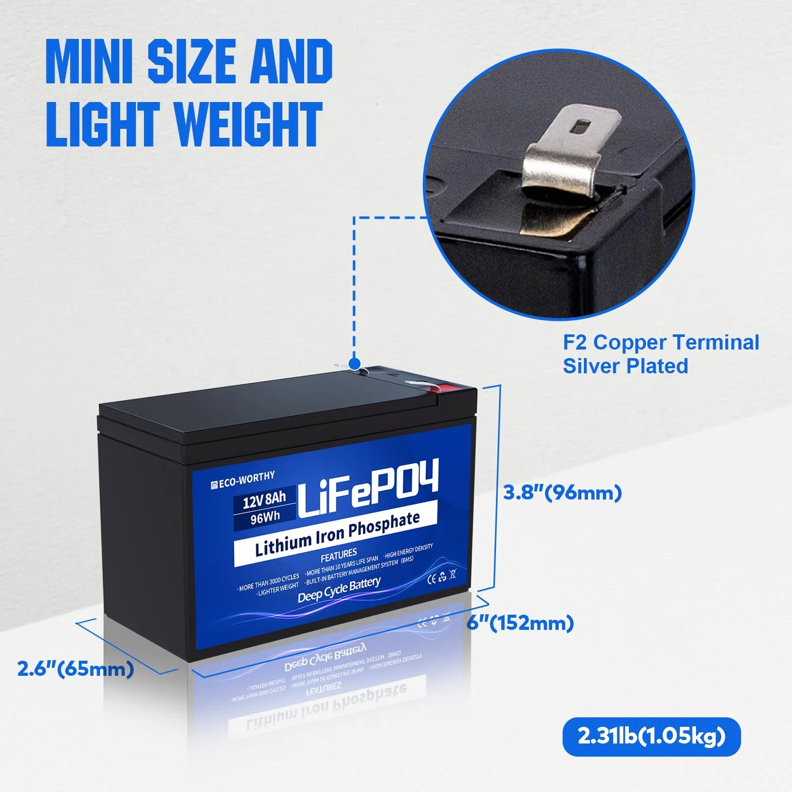ECO-WORTHY LiFePO4 akumulator litowy 12 V 8 Ah z BMS do 15000 cykli