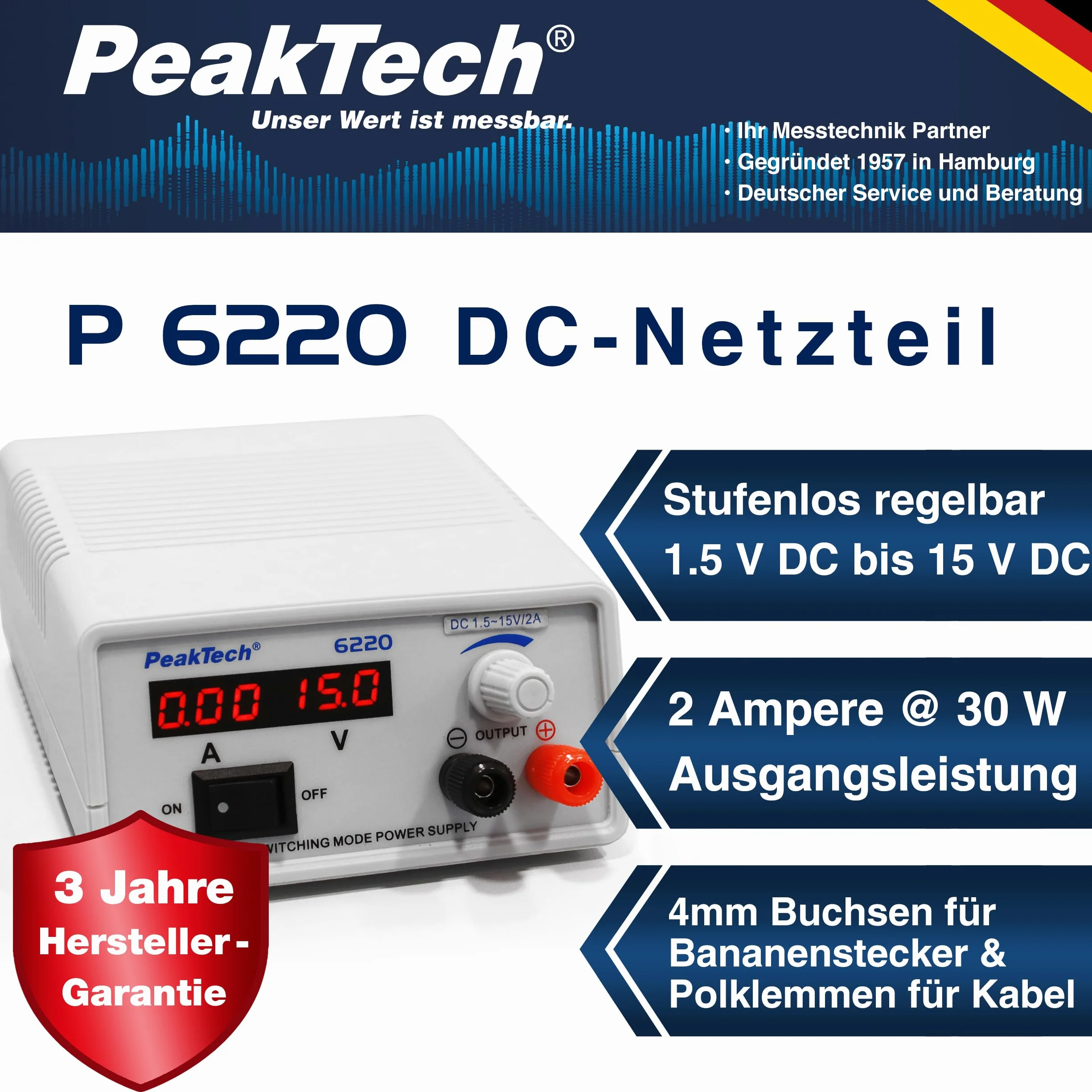 PeakTech 6220 Mini DC Zasilacz Impulsowy Regulowany 1,5-15 V / 2 A Laboratoryjny z Wyświetlaczem LED