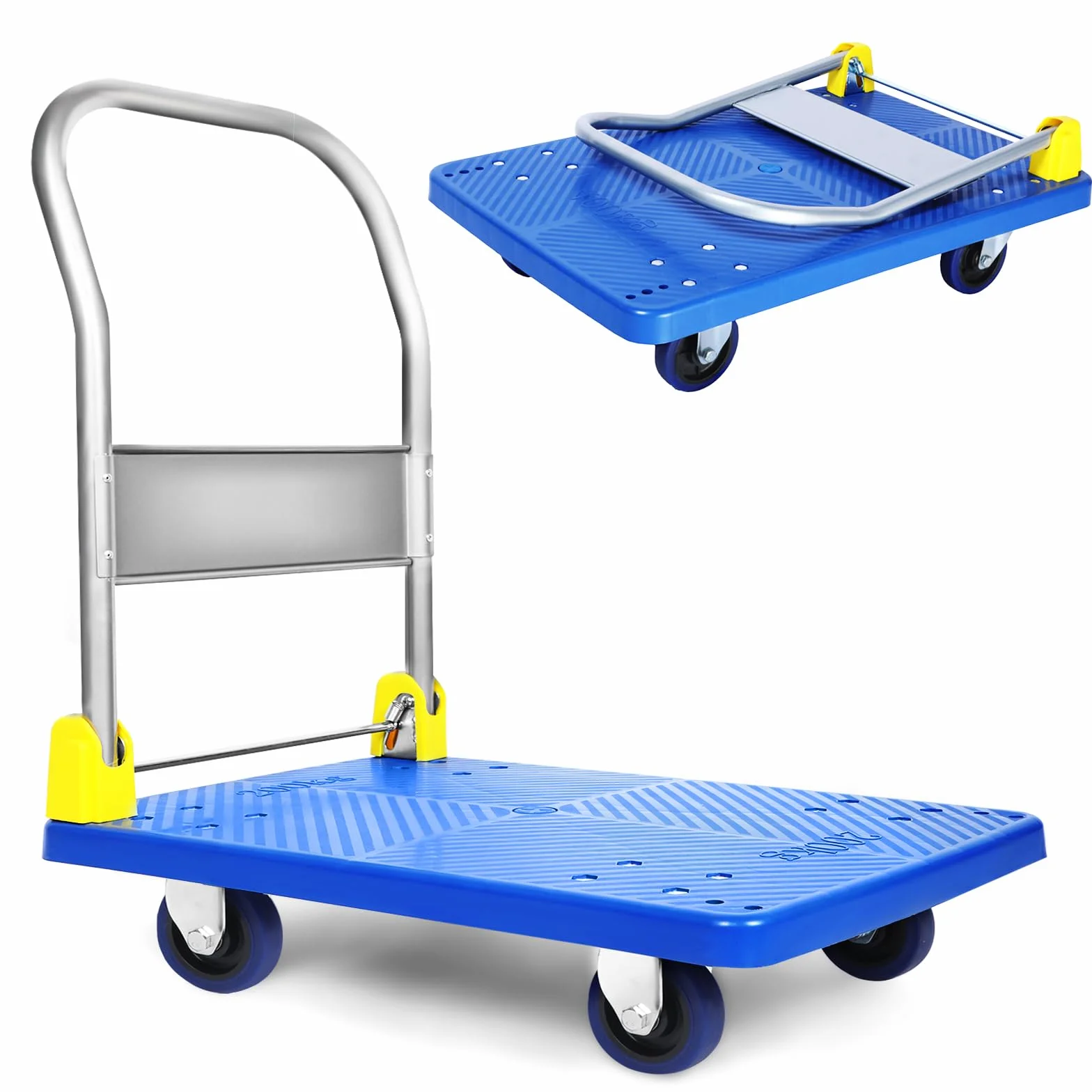 Healsmart Platform Truck with 880lb Weight Capacity and 360 Degree Swivel Wheels, Foldable Push Hand Cart for Loading and Storage, Blue