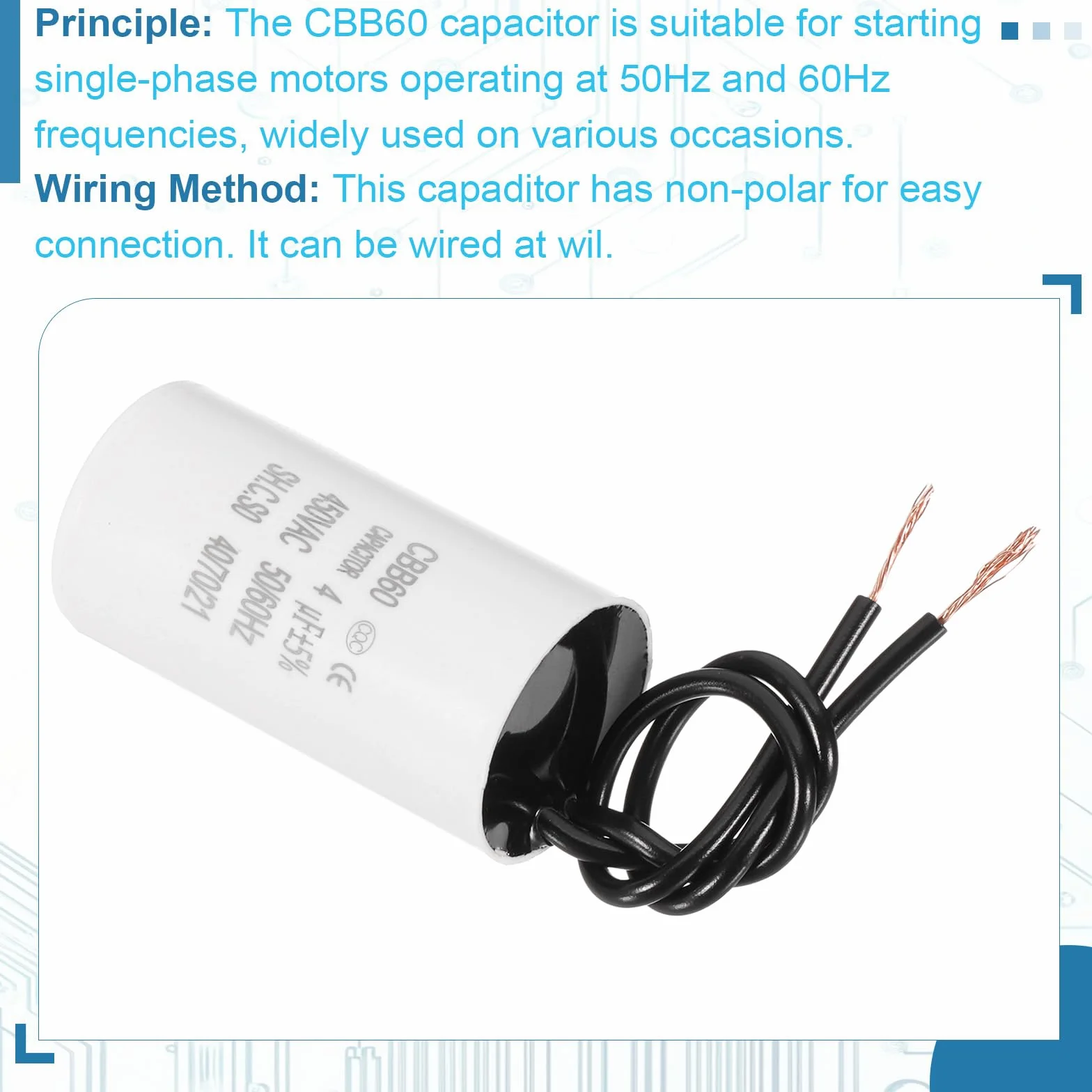 PATIKIL Kondensator rozruchowy 4uF CBB60, 2 sztuki kondensatora z 2 przewodami, silnik rozruchowy AC 450 V o częstotliwości 50 Hz/60 Hz, odpowiedni biały