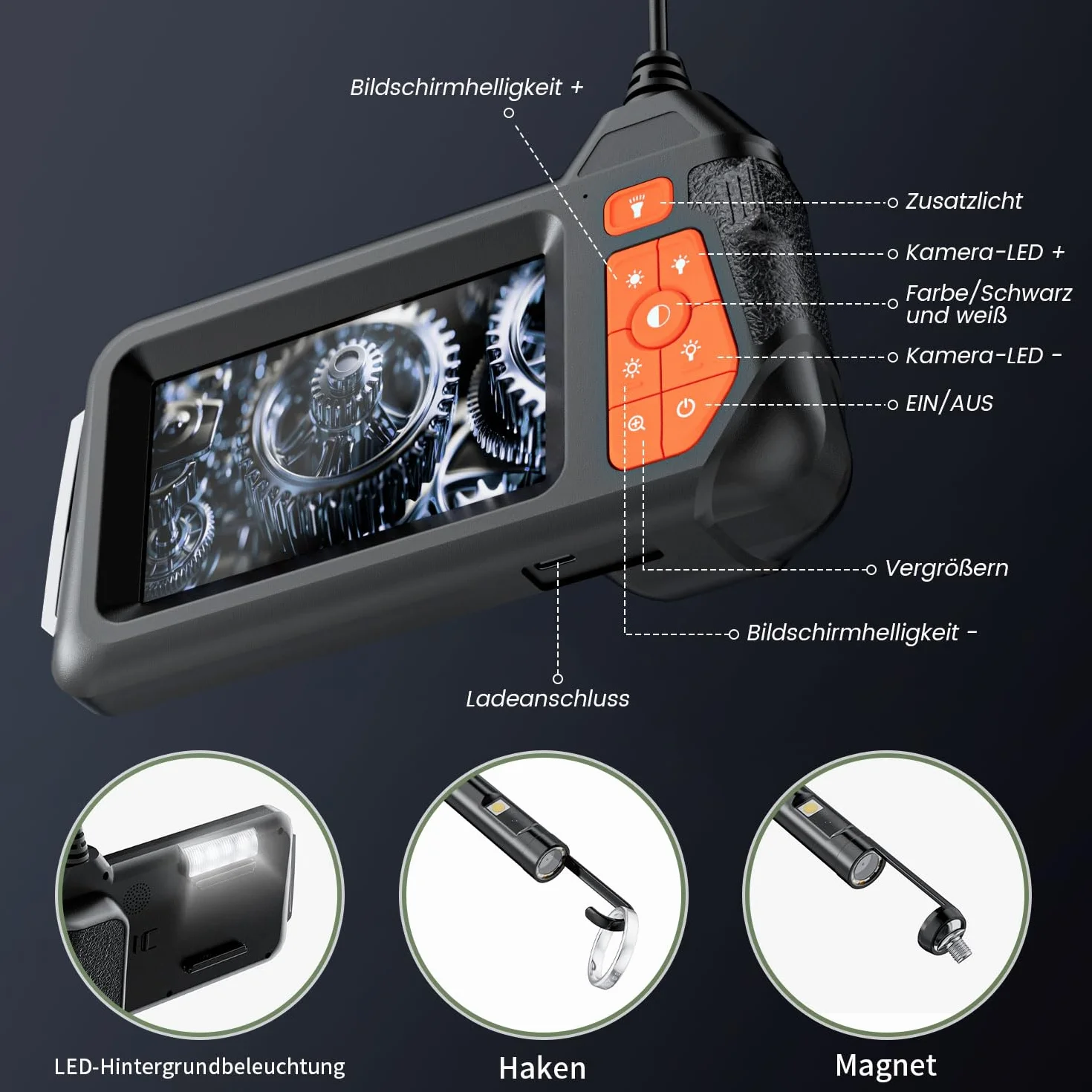 HSSNS Kamera endoskopowa 5 m, warsztatowa kamera endoskopowa z ekranem IPS 4,3", 8 mm IP67, wodoszczelna kamera inspekcyjna, kamera endoskopowa 1080p HD, kamera rurowa, kamera kanałowa, bateria 2600