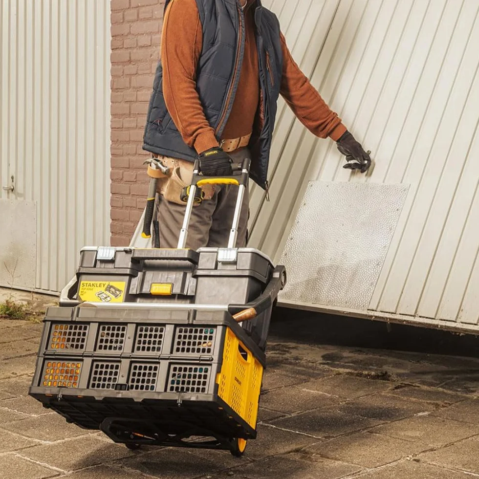 Stanley Składany wózek transportowy i składana skrzynia FT501/FT505 – wózek transportowy 70 kg – składana skrzynia 25 kg – zakupy, obsługa i przeprowadzka – czarny/żółty