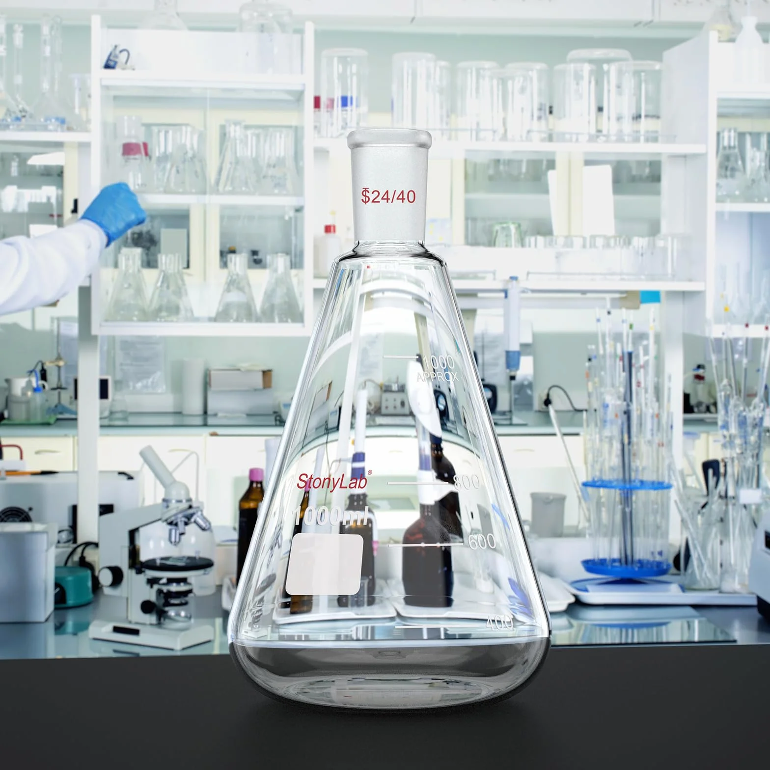 Matraz Erlenmeyer de Cristal 24/40 1L, Frasco de Laboratorio de Vidrio de Borosilicato con Junta Cónica