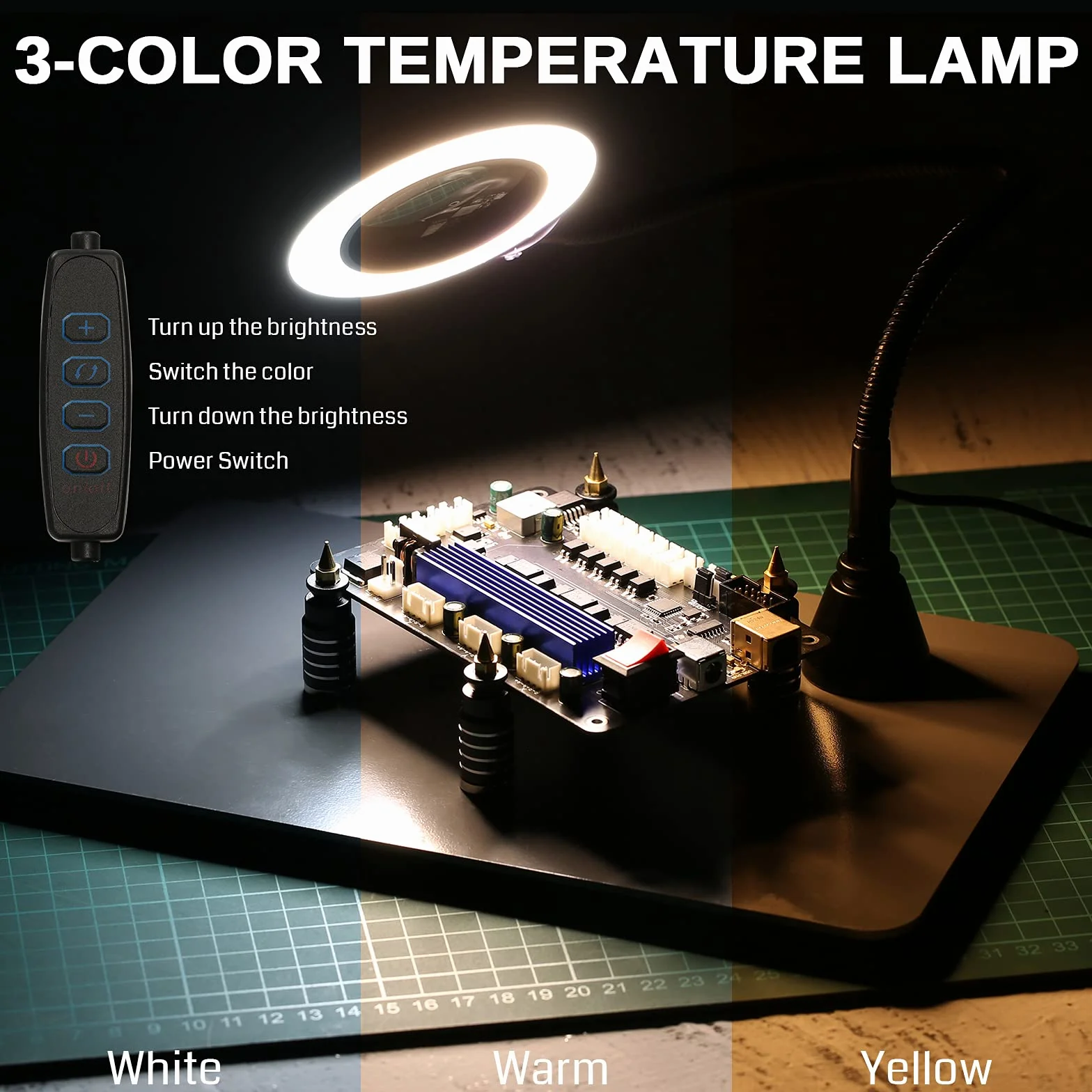 SainSmart Magnetyczna stacja lutownicza z powiększoną podstawą o wymiarach 38 x 18 cm, 5 x lampa powiększająca LED, 4 uchwyty na płytkę drukowaną i 4 elastyczne magnetyczne wskazówki pomocnicze
