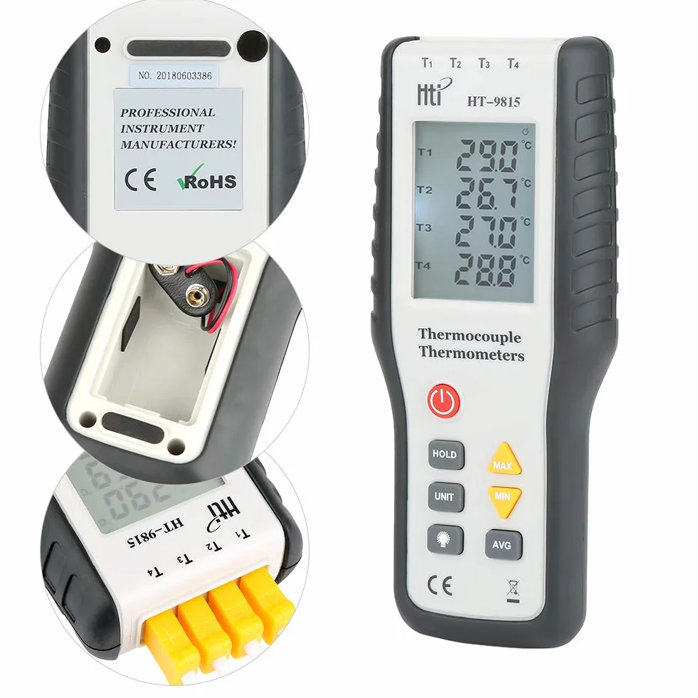 Termometr termoelektryczny 4-kanałowy typu K HT-9815 LCD do pomiaru temperatury zakres pomiarowy - 200°C do 1372°C