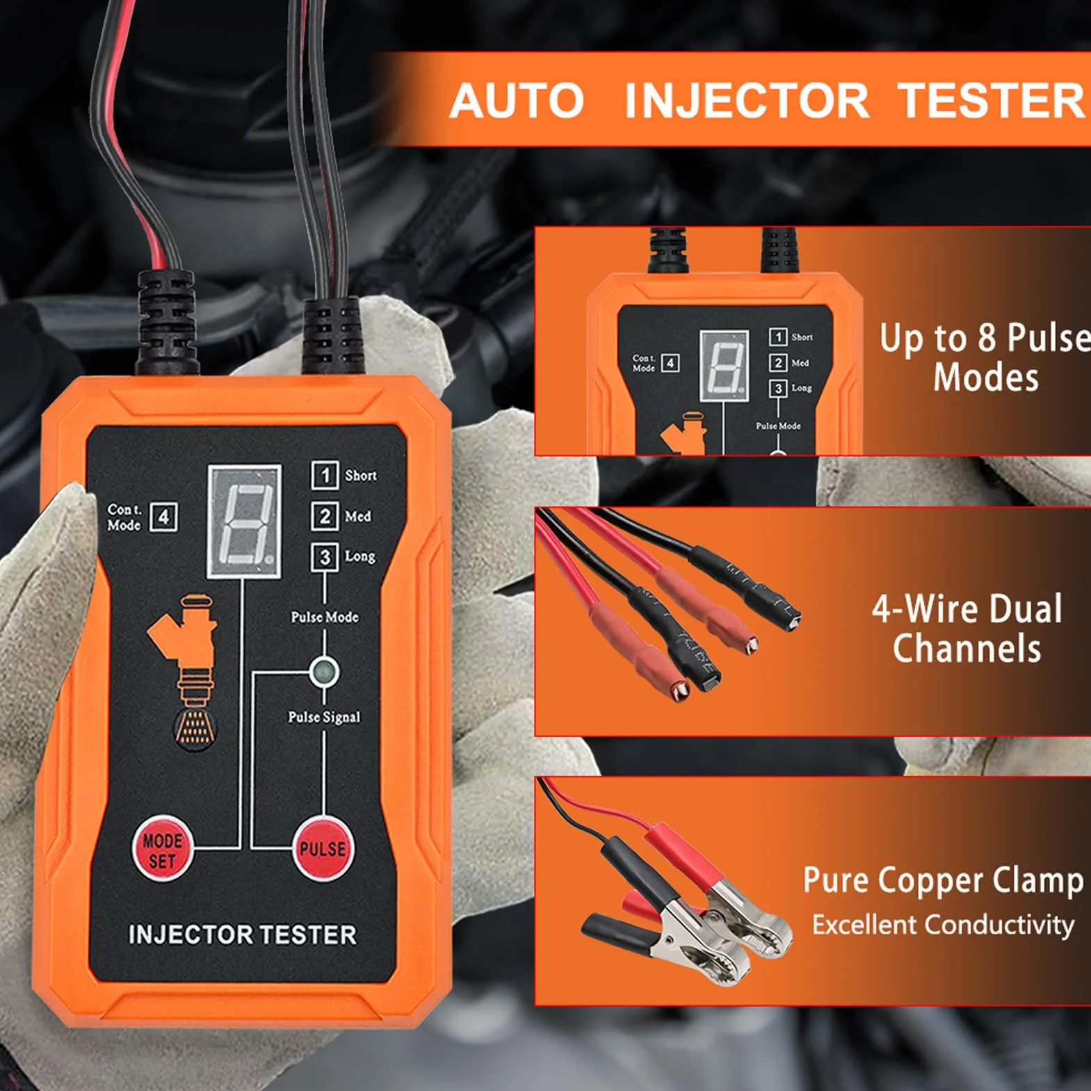 Tester i Czyszczenie Wtryskiwaczy Paliwa, 8 Trybów Impulsów, 2 Zaciski, LCD, Ochrona Zwarcia, 4 Adaptery, 12V EFI GDI Benzynowe