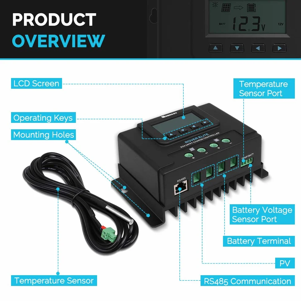 Renogy 20 A 12 V/24 V automatyczny regulator ładowania słonecznego MPPT z podświetlanym wyświetlaczem LCD z czujnikiem temperatury, pasuje do żelowych zalanych baterii i litowych, Rover Elite 20A