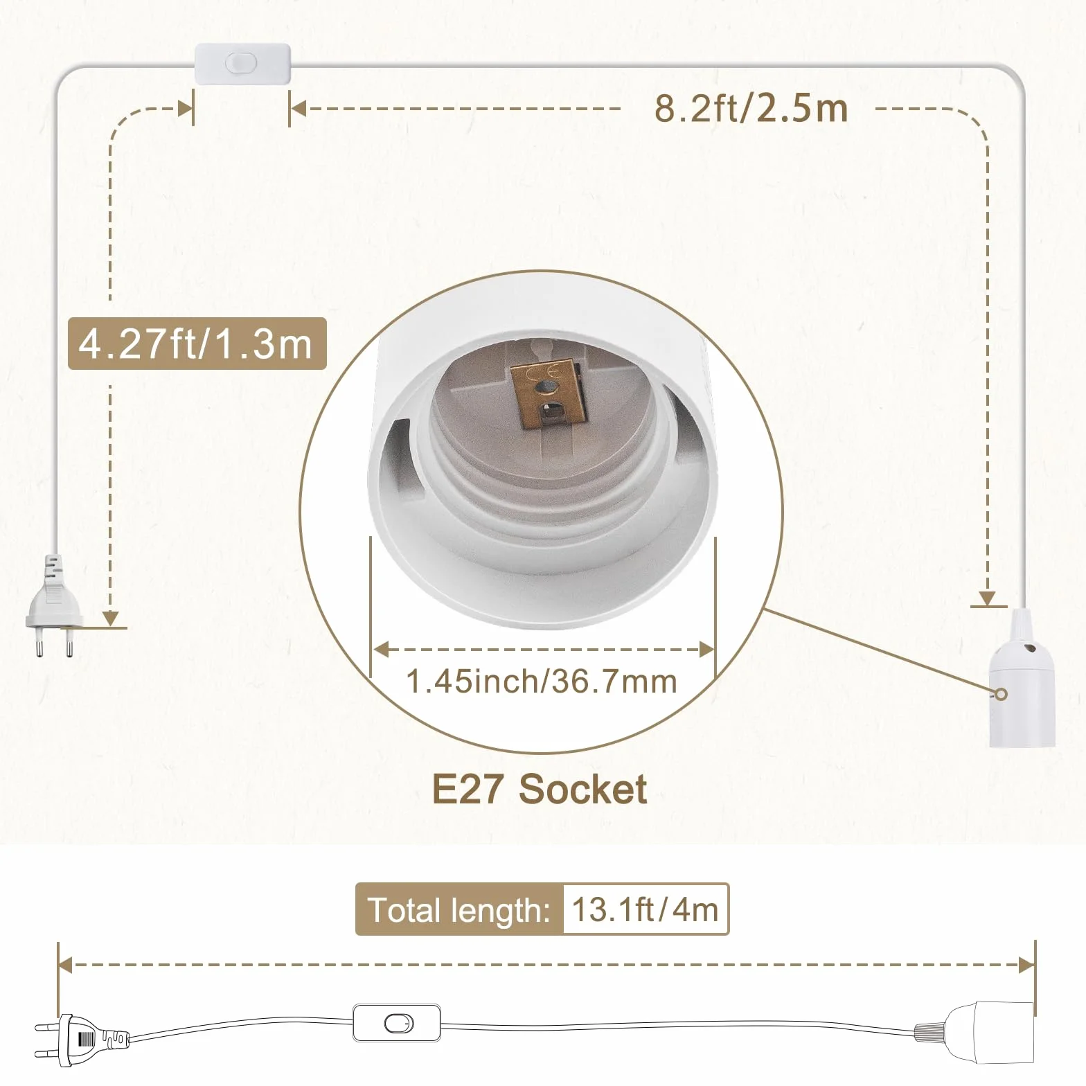 DiCUNO Oprawa lampa E27 z przełącznikiem, gwint E27, kabel 4 m, wtyczka EU, biała, 1 sztuka