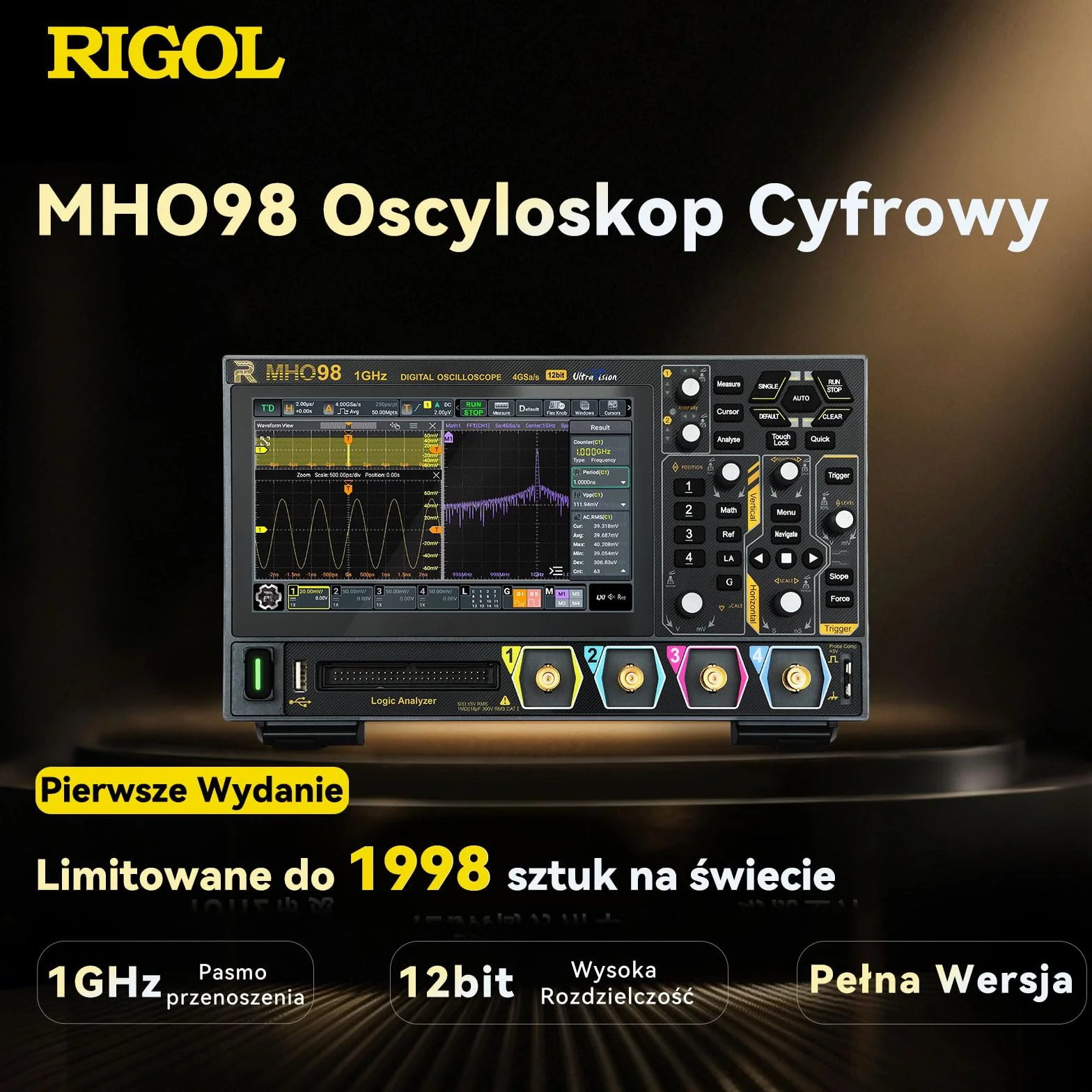 RIGOL MHO98 Oscyloskop Cyfrowy 1GHz 4GSa/s 12-bit 4+16 Kan. AFG Wi-Fi Bluetooth Type-C