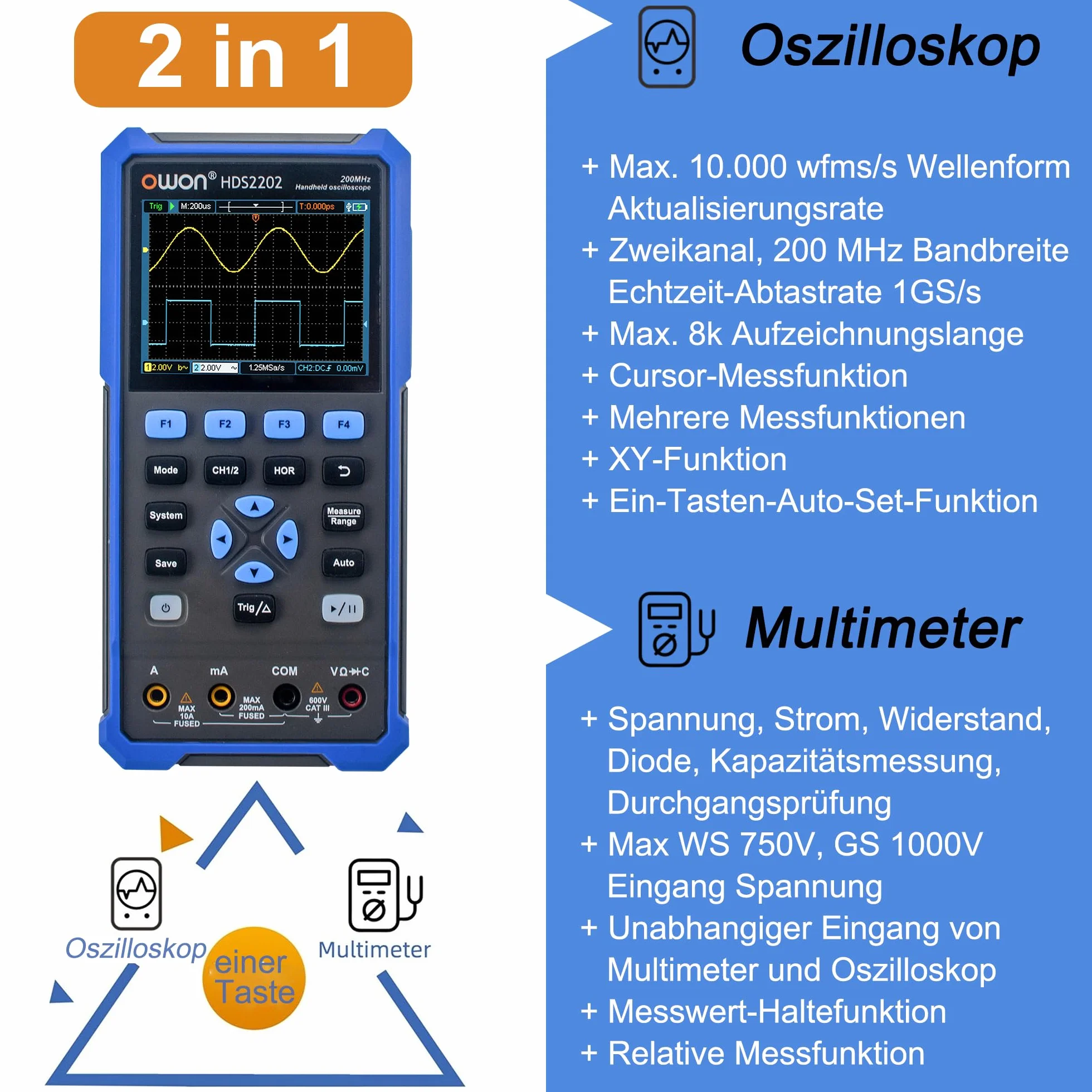 OWON HDS2202 oscyloskop 2 w 1 200 MHz 1 GSa/s dwa kanały 3,5 cala LCD