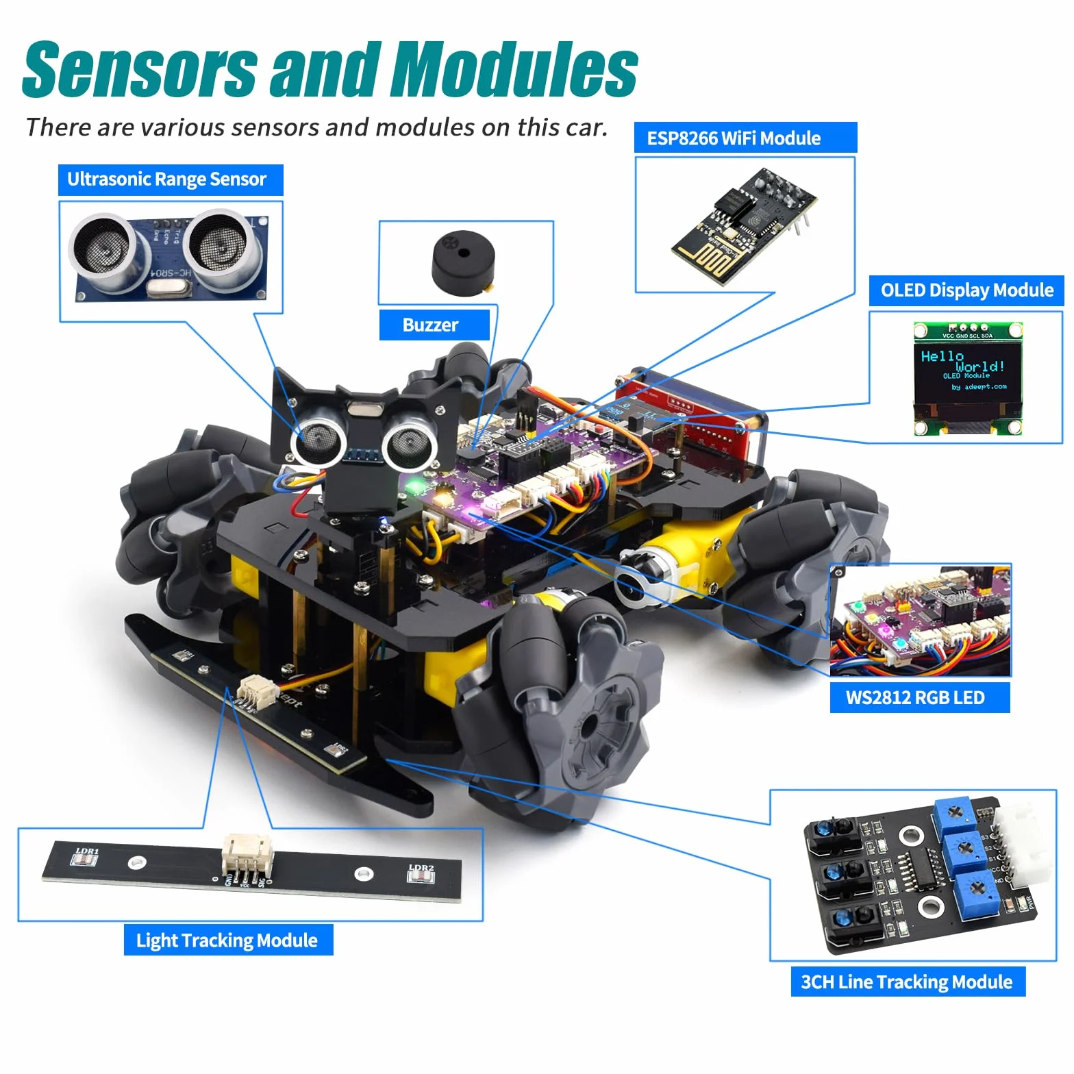 Adeept Mecanum Wheel Smart Car Kit (kompatybilny z Arduino IDE), śledzenie linii, śledzenie światła, unikanie przeszkód, silnik serwo, wyświetlacz OLED, brzęczyk, wyświetlacz LED Dot Matrix
