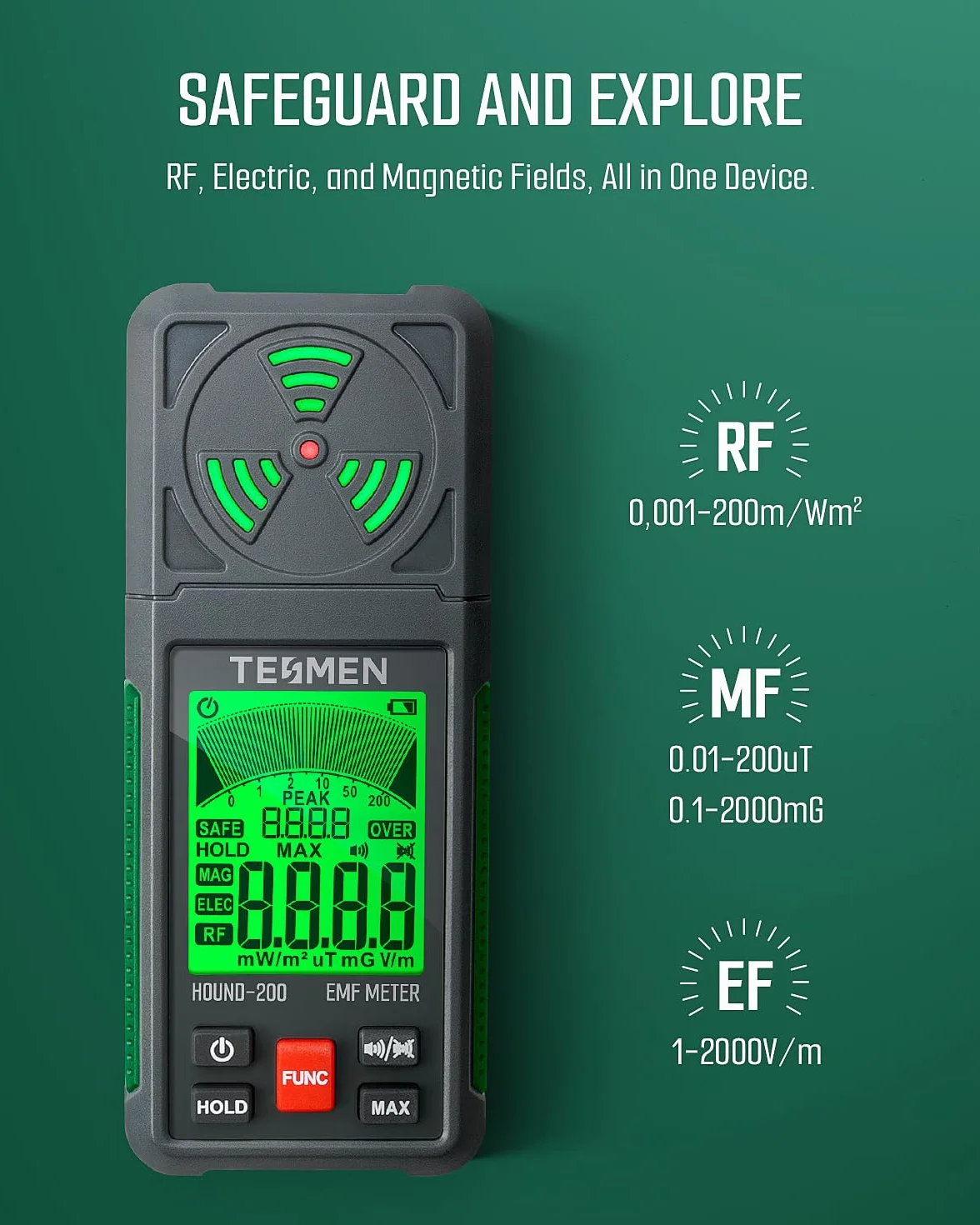 TESMEN Hound-200 Miernik EMF, przenośny czujnik promieniowania pola elektromagnetycznego 3 w 1 do EF RF MF, używany do domowych i zewnętrznych inspekcji EMF oraz polowania na duchy, zielony