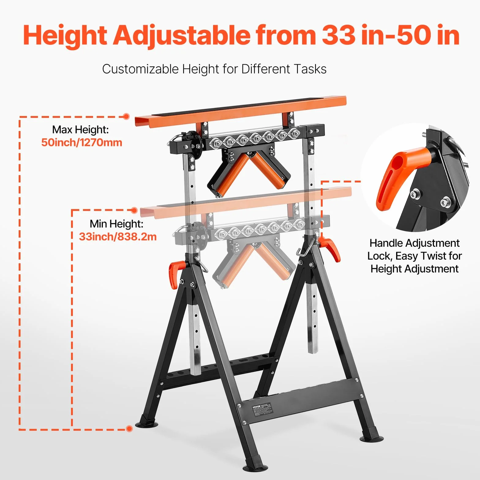 VEVOR Stojak na kółkach 4 w 1, 200 kg, stojak rolkowy 84-127 cm, z regulacją wysokości, stojak roboczy z zębatką i polerowaną, wielokierunkową głowicą rolki, do wylewki piły stołowej, podpórka