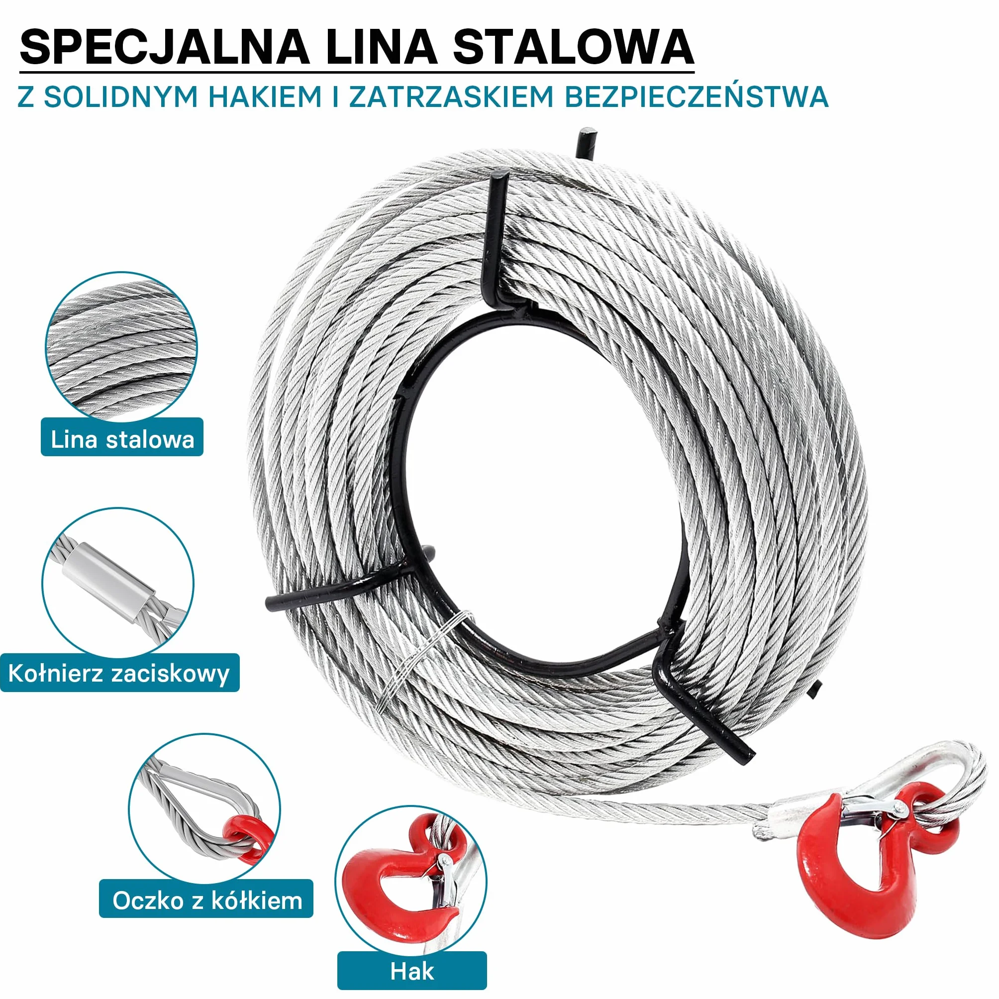Wiltec Ręczna wciągarka linowa 1600 kg stalowa lina 20 m Ø 11 mm hak z blokadą