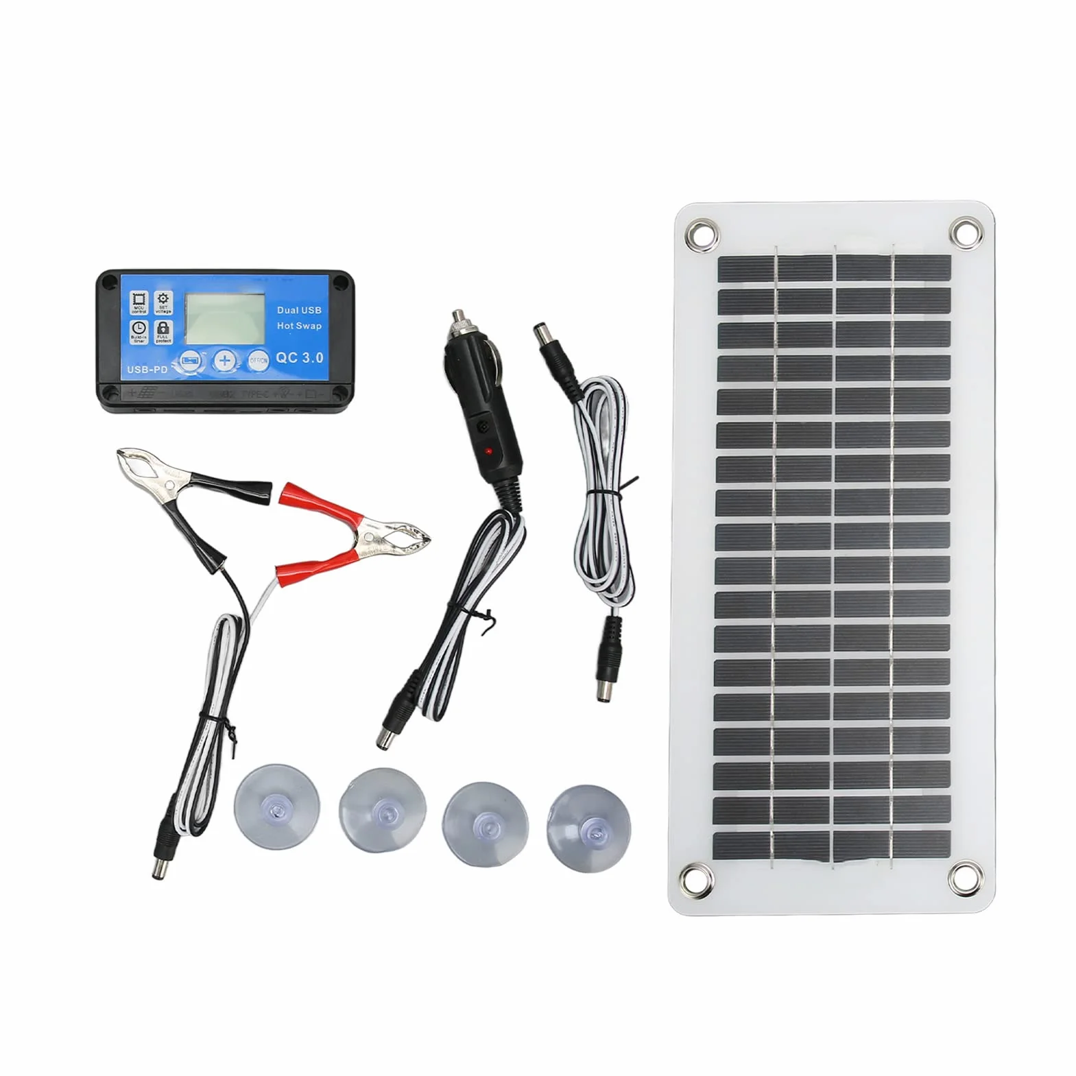 Zestaw paneli słonecznych 30 W, 12 V, przenośny moduł paneli słonecznych, odporne na warunki atmosferyczne, polikrystaliczne ogniwa słoneczne z kontrolerem, stała przyssawka do samochodu, statku, na