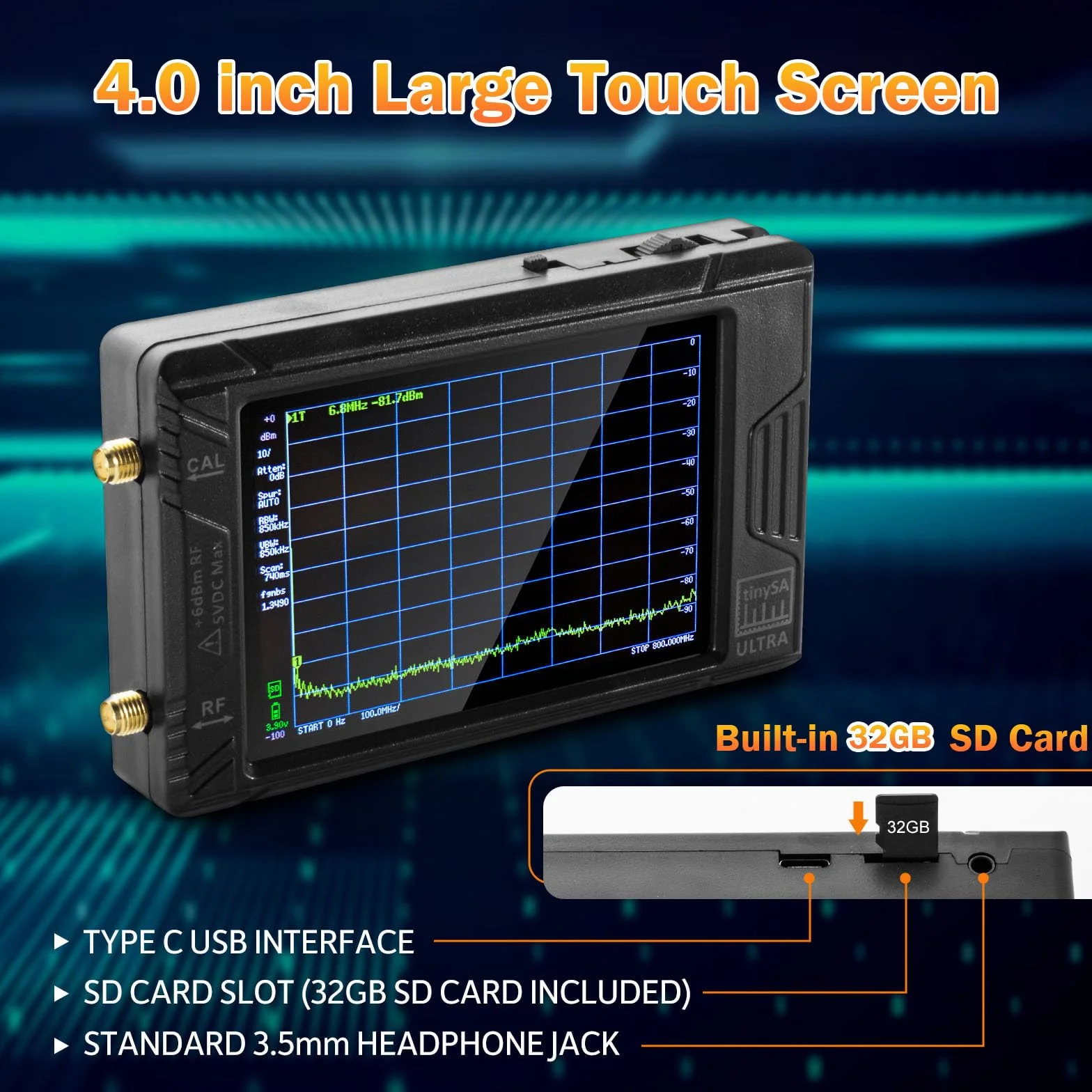 AURSINC TinySA Ultra+ ZS406 Analizator widma, 2025 Zaktualizowany HW V0.4.6 4.6 cala 100 kHz-5,4 GHz z kartą 32 Gb, generator sygnału 2 w 1 od 100 kHz do 900 MHz MF/HF/VHF/UHF Wejście