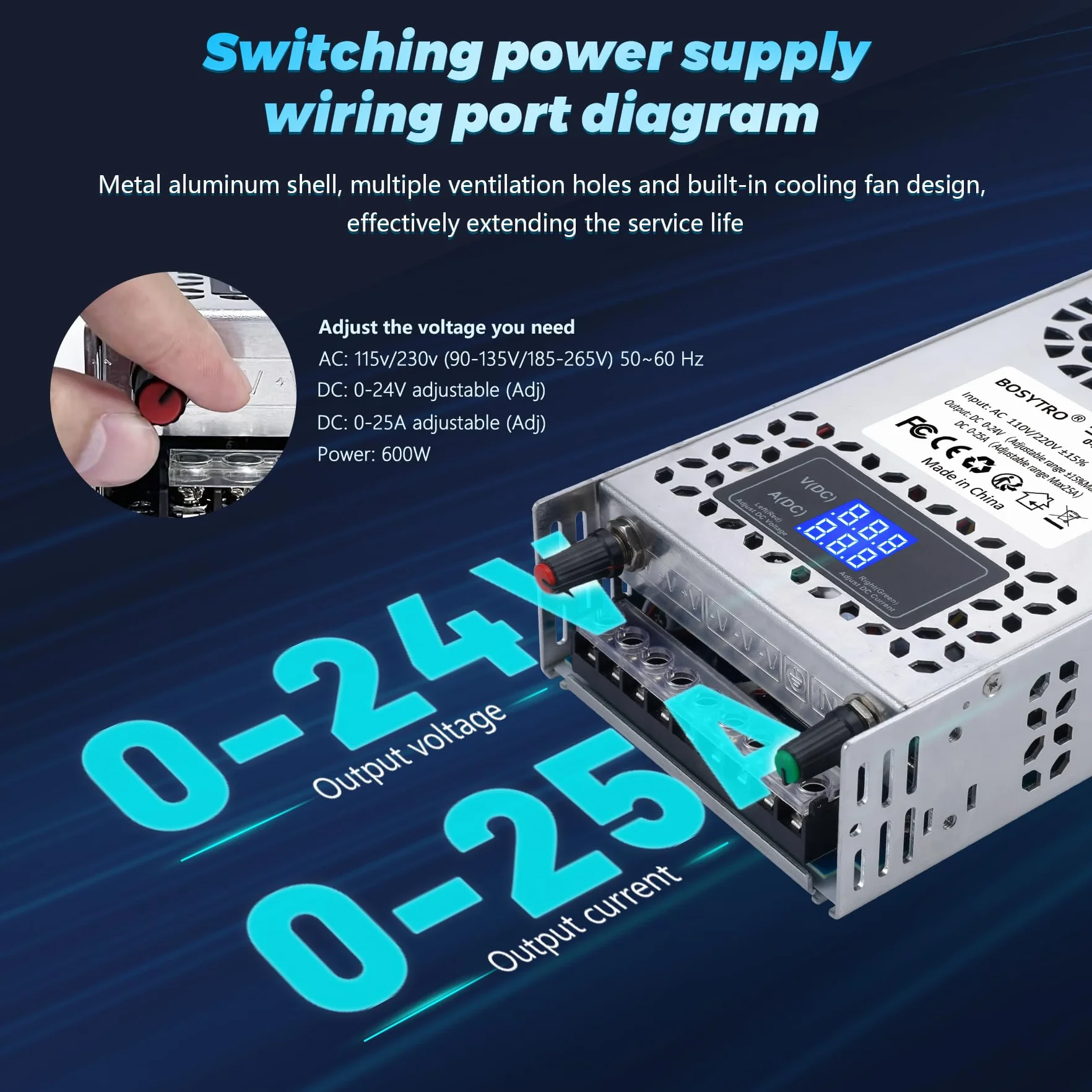 Regulowany zasilacz impulsowy DC 0-24V 0-25A 600W AC110/220V z cyfrowym wyświetlaczem