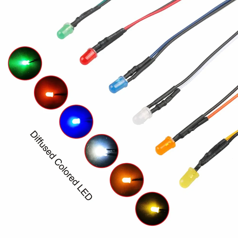 YIXISI 60 Sztuk 3mm Diody LED Light 6 Kolorów (Każdy Kolor 10 Sztuk) z Rozproszoną Kolorową Soczewką, Ultra Jasny 12V 20cm Wstępnie Okablowany, Pomarańczowy/Biały/Czerwony/Niebieski/Zielony/Żółty