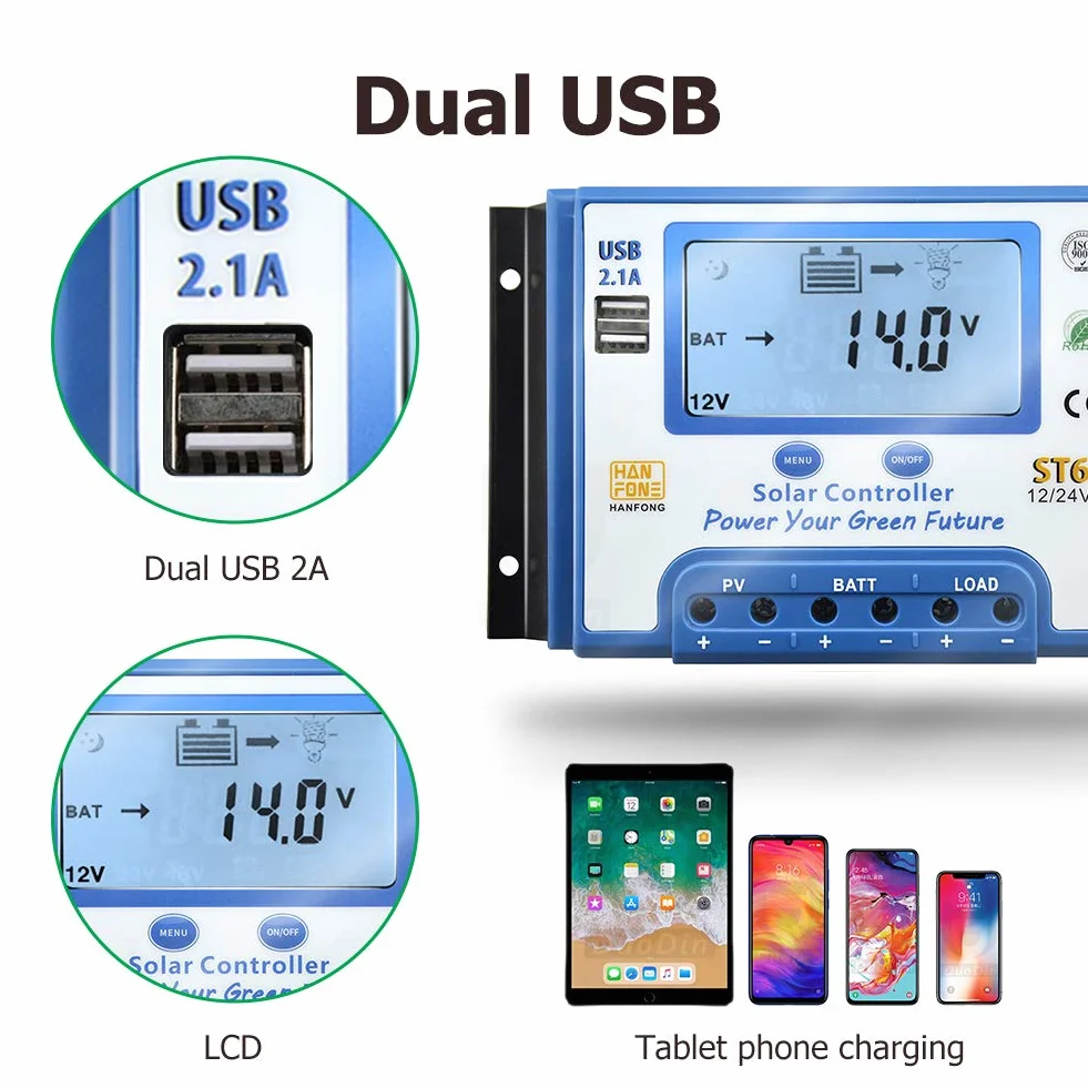 SolaMr 60A Solar Charge Controller 12V/24V Intelligent Regulator z wyświetlaczem LCD i podwójnym portem USB dla baterii panelu słonecznego - ST6-60A