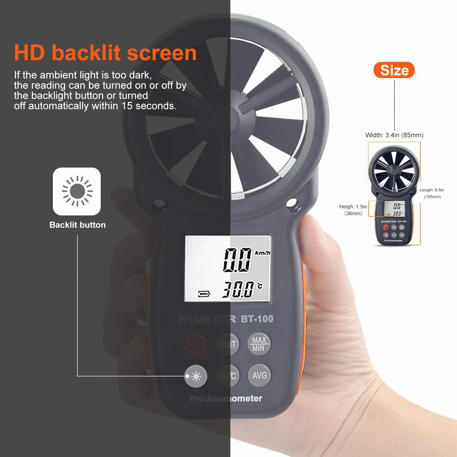 BTMETER BT-100 cyfrowy anemometr ręczny miernik prędkości wiatru CFM MAX/MIN/AVG podświetlenie LCD HVAC