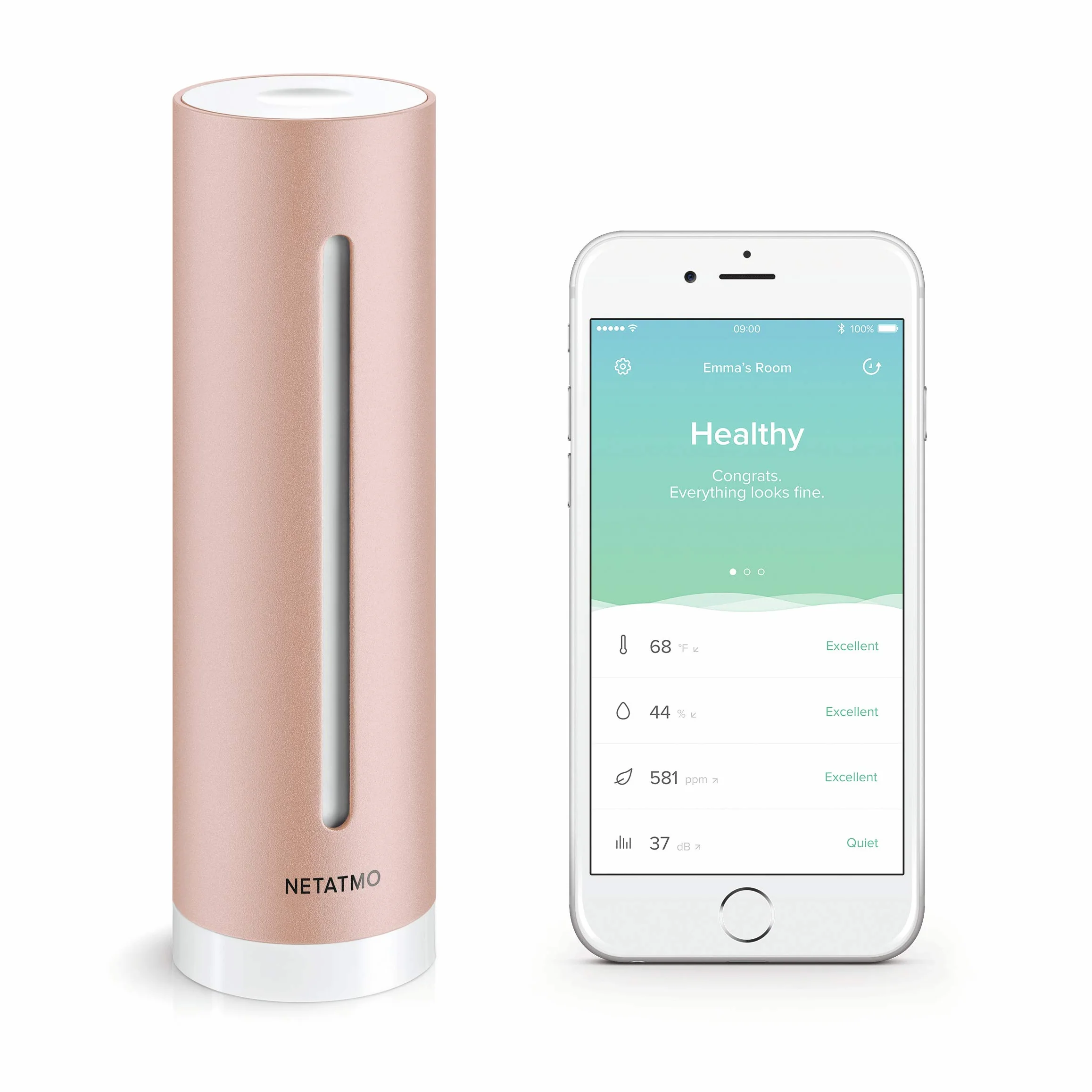 Netatmo Inteligentny Czujnik Jakości Powietrza w Pomieszczeniach, CO2, Temperatura, Wilgotność, Hałas - Kontrola Domu, Zdrowe Środowisko, Automatyczne Alarmy - NHC-EC