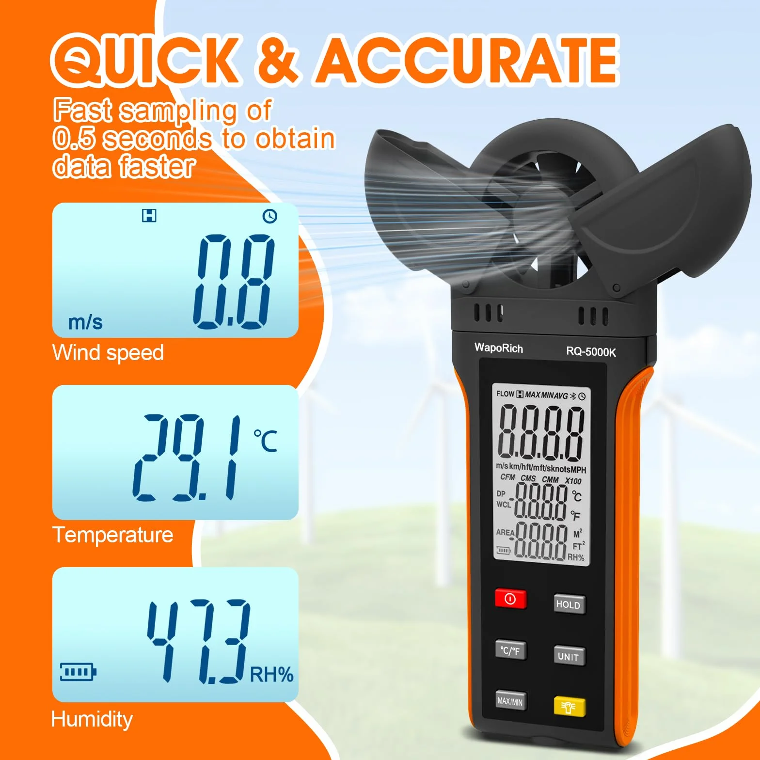 RQ-5000K Pro ręczny anemometr HVAC do przepływu powietrza CFM i prędkości wiatru, miernik prędkości wiatru, pomiar prędkości wiatru, temperatury% punktu rosy RH, synchronizacja USB do