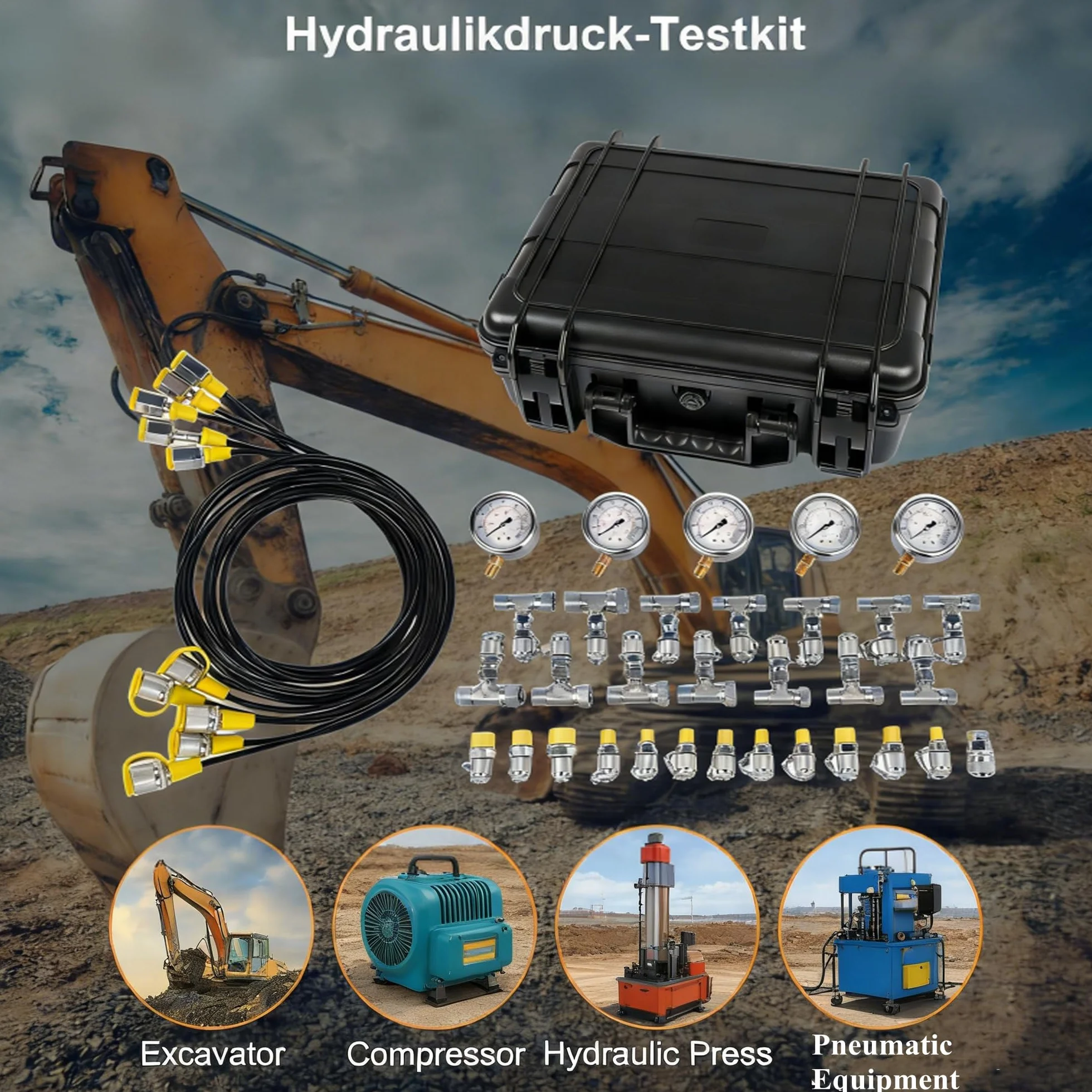 Hydrauliczny zestaw do testowania ciśnienia, 5 przyrządów pomiarowych (10/100/250/400/600 bar), 13 złączy, 14 złączy T, 5 węży testowych z torbą transportową do ciągników koparek. Hopzty