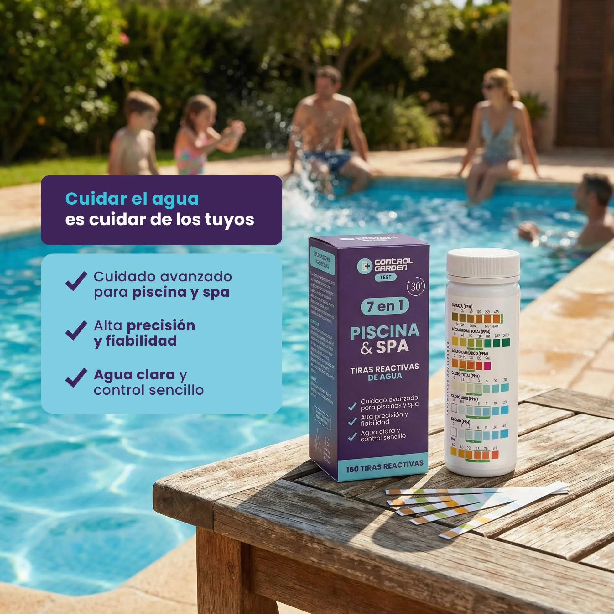 GARDEN STEROWANIE 160 pasów testowych 7 w 1 | Test basenu i spa | Miernik pH, wolny i całkowity chlor, brom, zasadowość, twardość, kwas cyjanurowy w wodzie | Analiza 30s | Dokładna kontrola