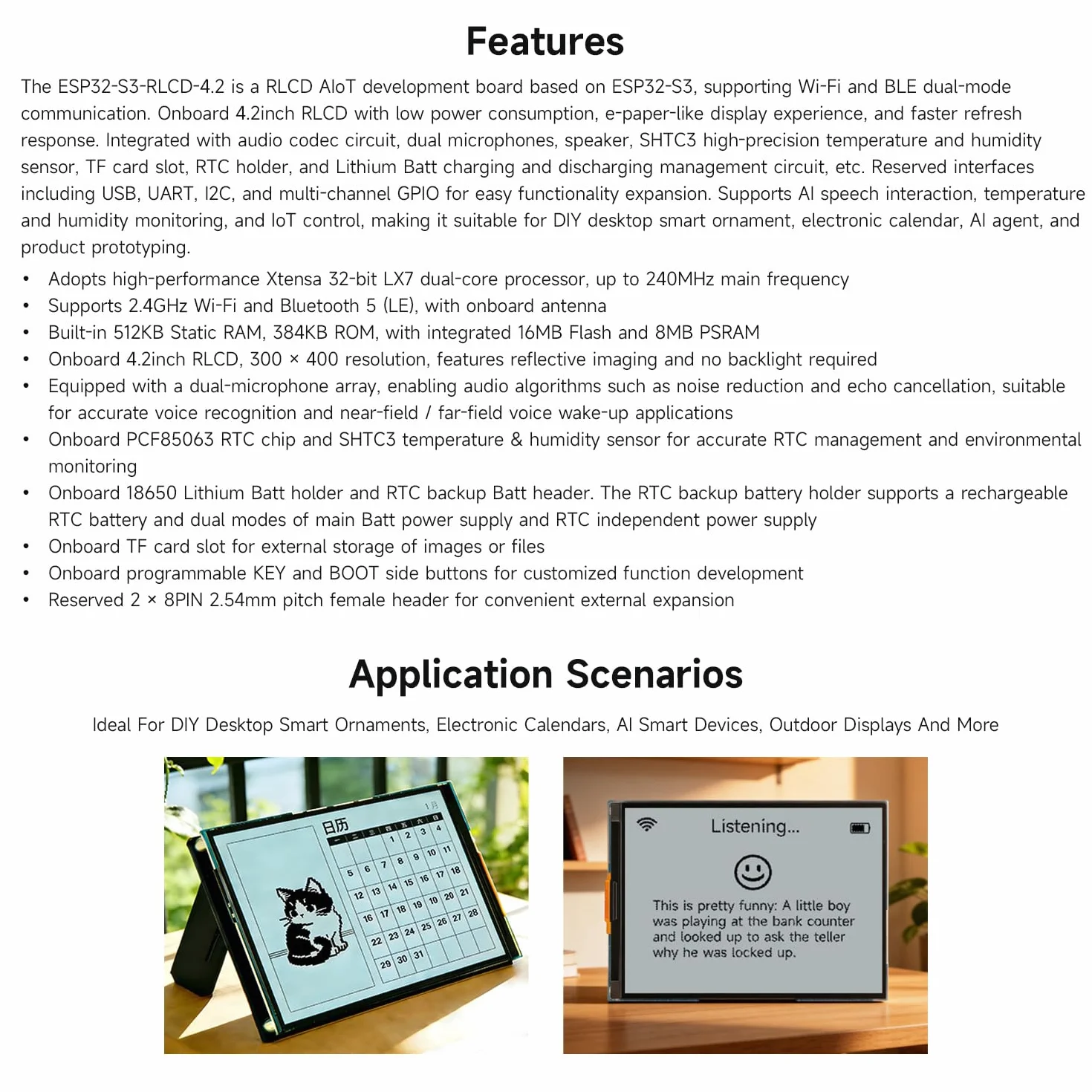 Waveshare ESP32-S3 4.2inch RLCD Development Board 300x400 Resolution Wi-Fi BLE AI Voice Interaction